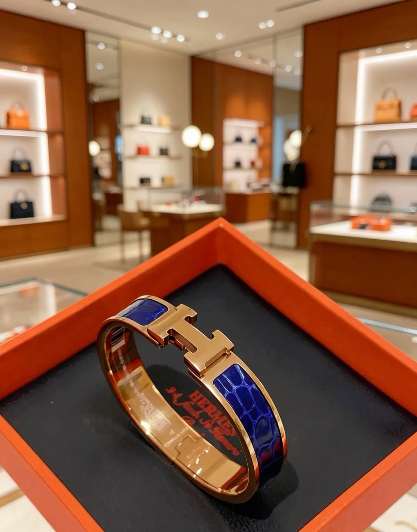 Hermes Hermès Gold and Blue Enamel H Bracelet