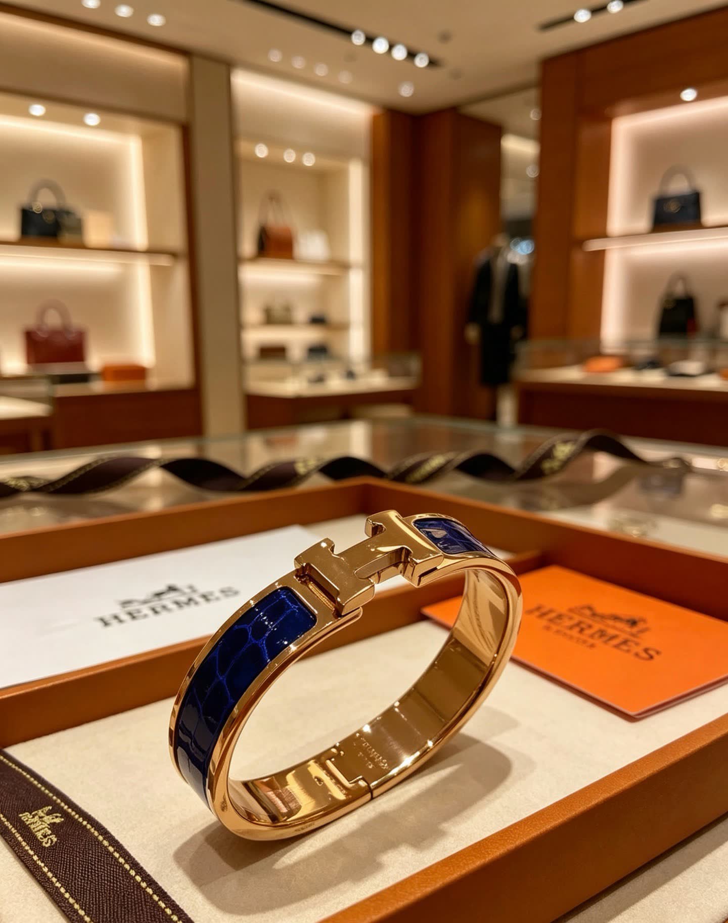 Hermes Hermès Gold and Blue Enamel H Bracelet