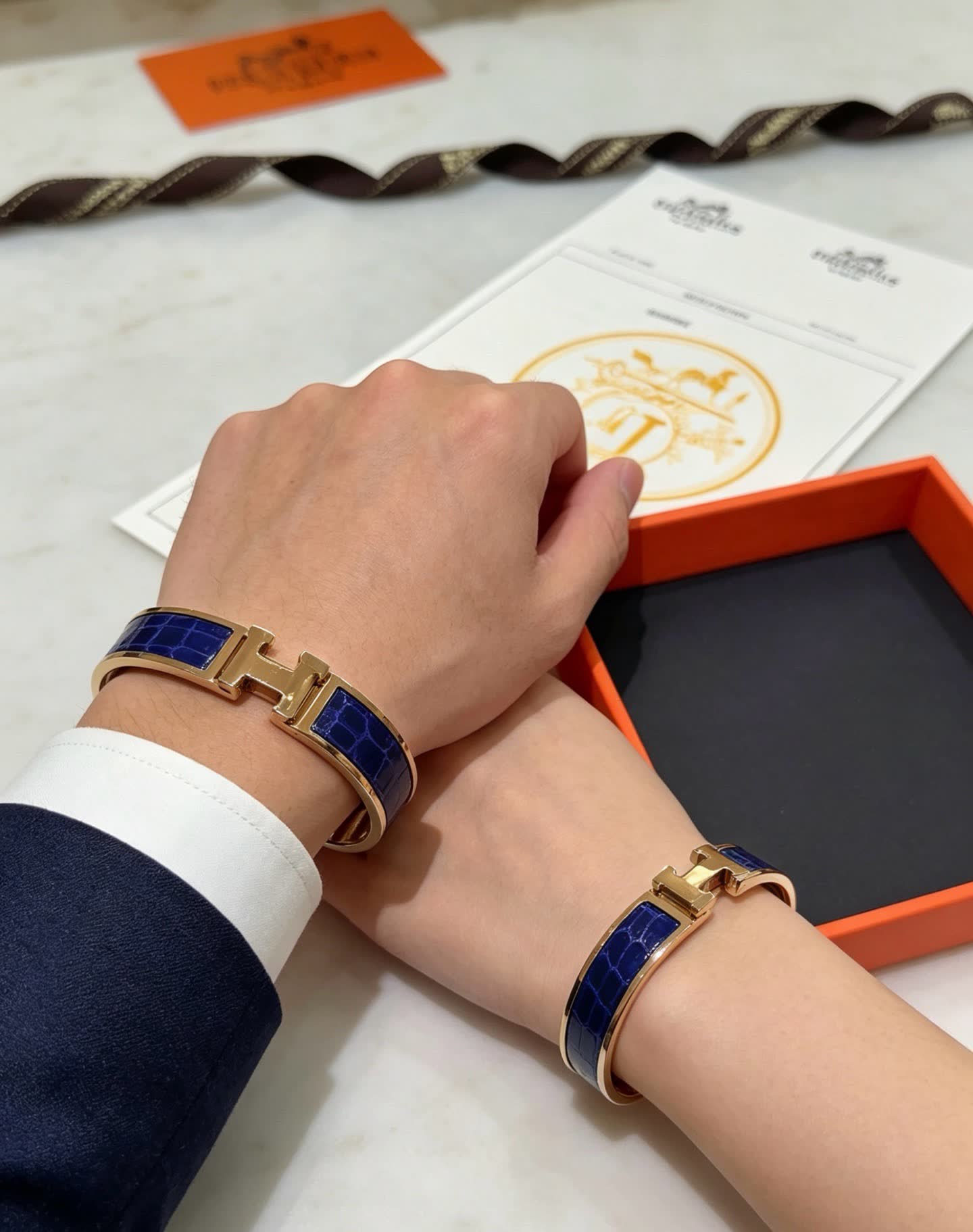Hermes Hermès Gold and Blue Enamel H Bracelet
