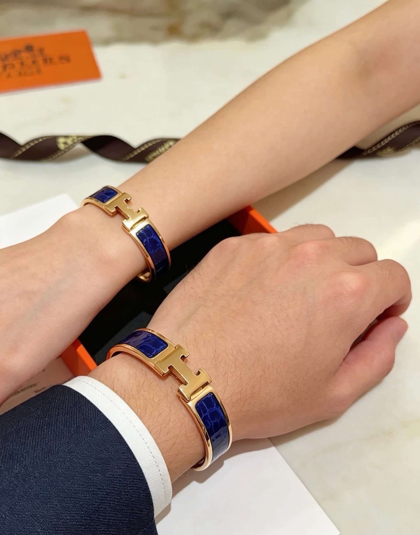 Hermes Hermès Gold and Blue Enamel H Bracelet
