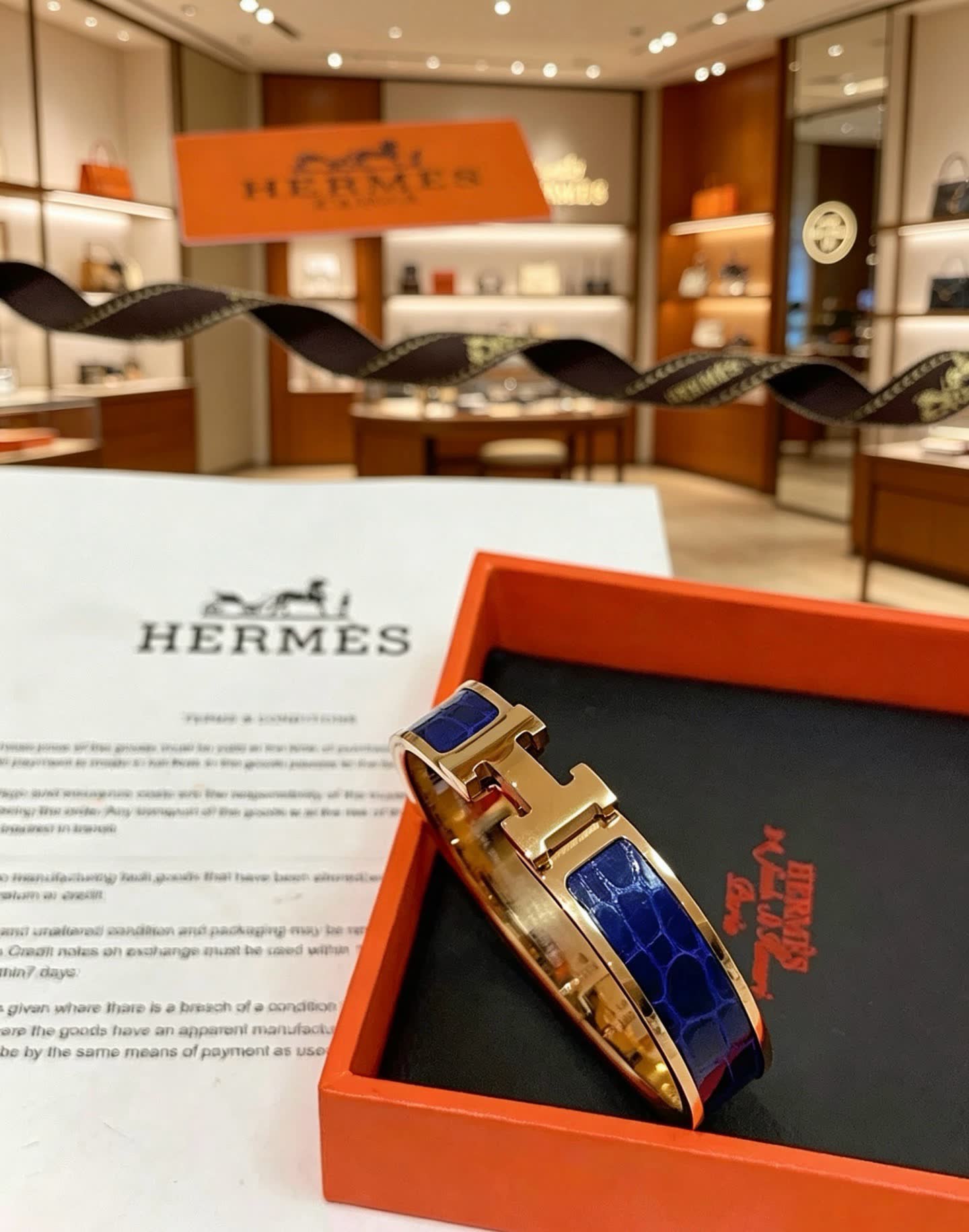 Hermes Hermès Gold and Blue Enamel H Bracelet