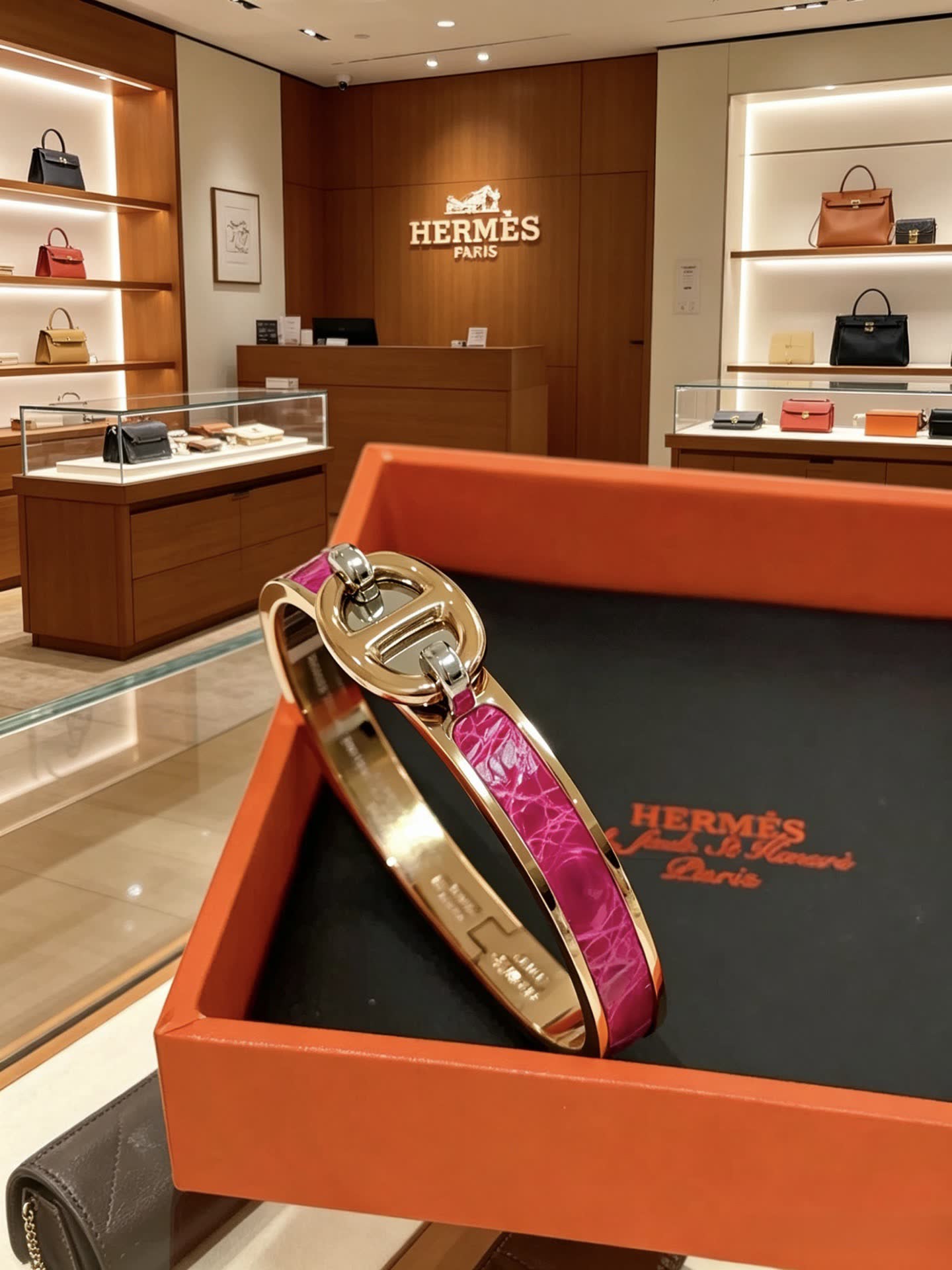 Hermes Hermès Paris Gold and Pink Enamel Bracelet Hermes Hermès Paris Gold and Pink Enamel Bracelet