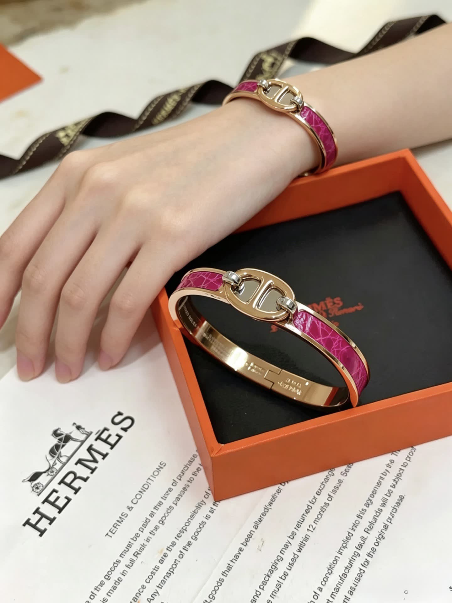 Hermes Hermès Paris Gold and Pink Enamel Bracelet