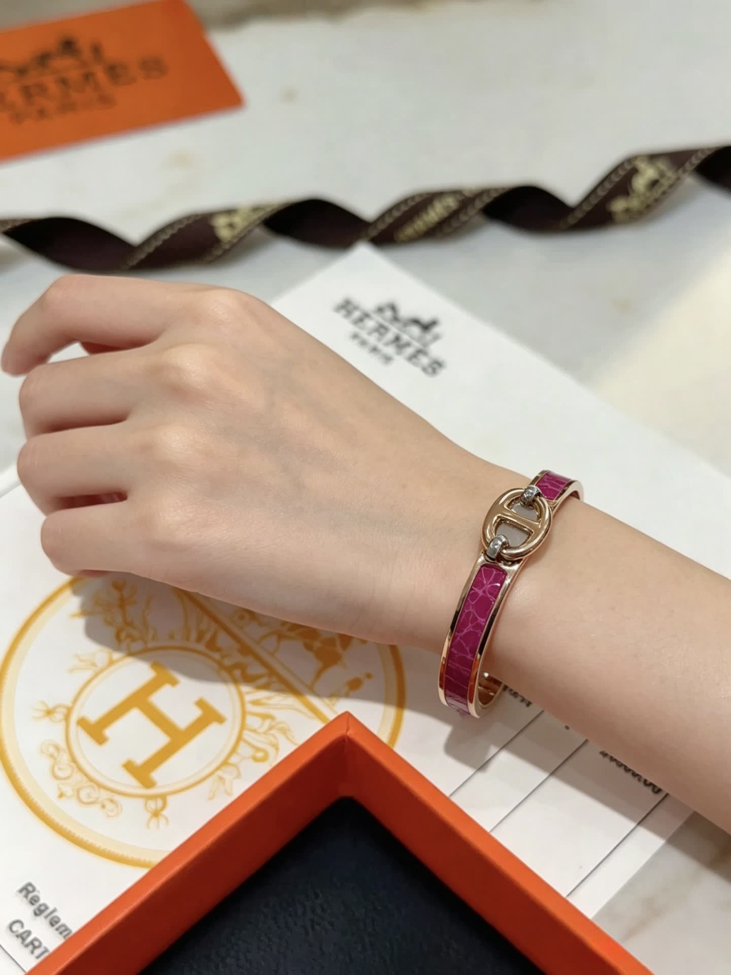 Hermes Hermès Paris Gold and Pink Enamel Bracelet