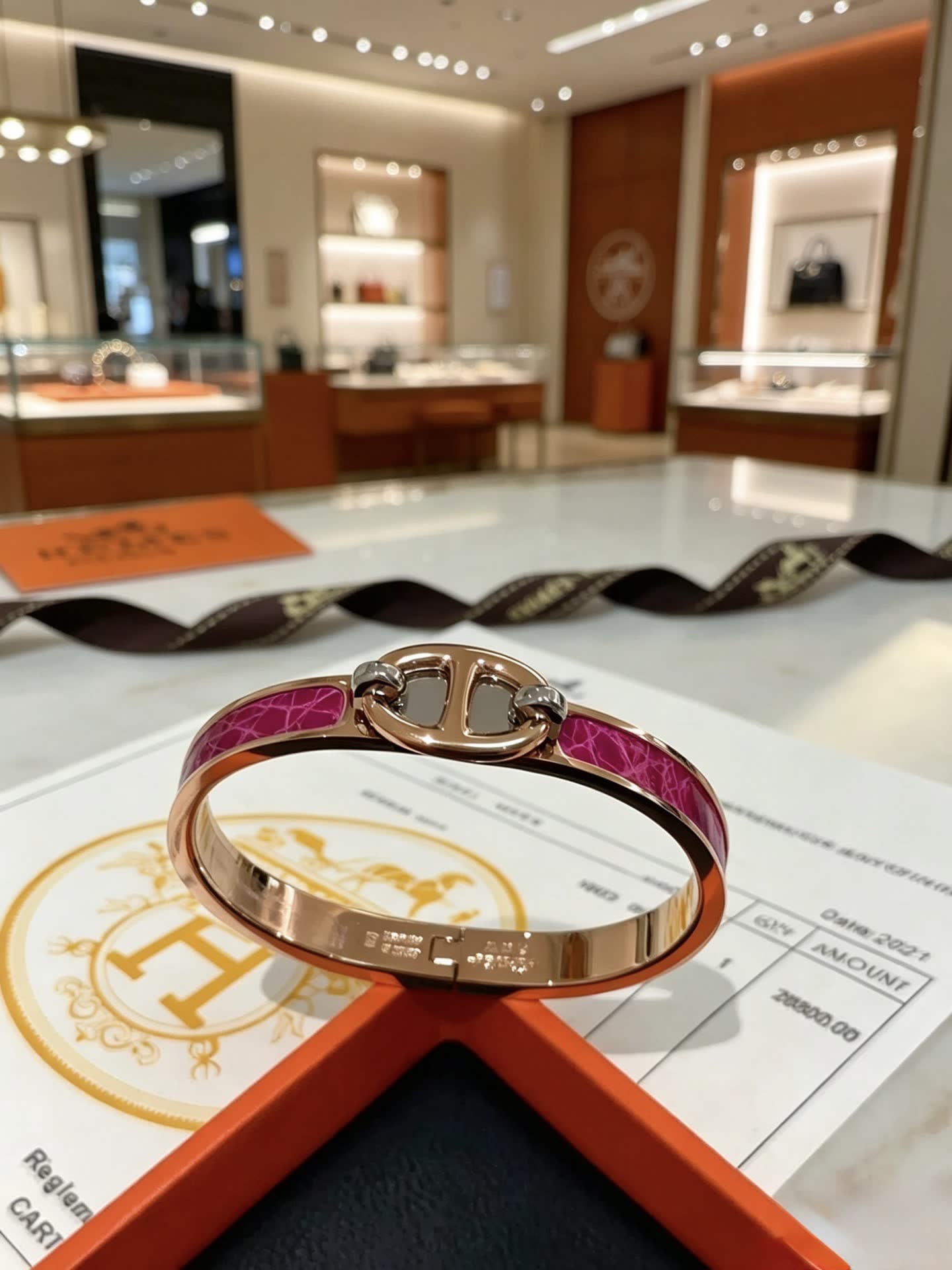 Hermes Hermès Paris Gold and Pink Enamel Bracelet