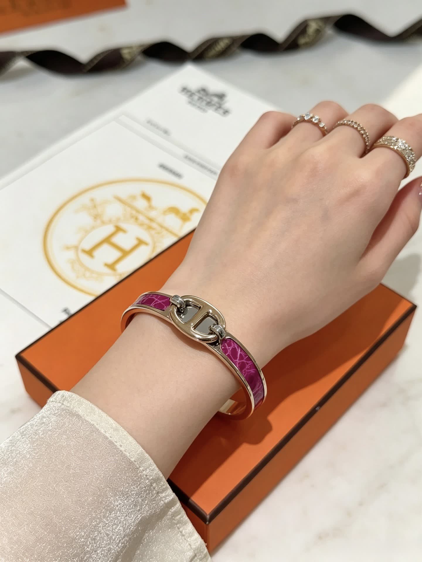 Hermes Hermès Paris Gold and Pink Enamel Bracelet
