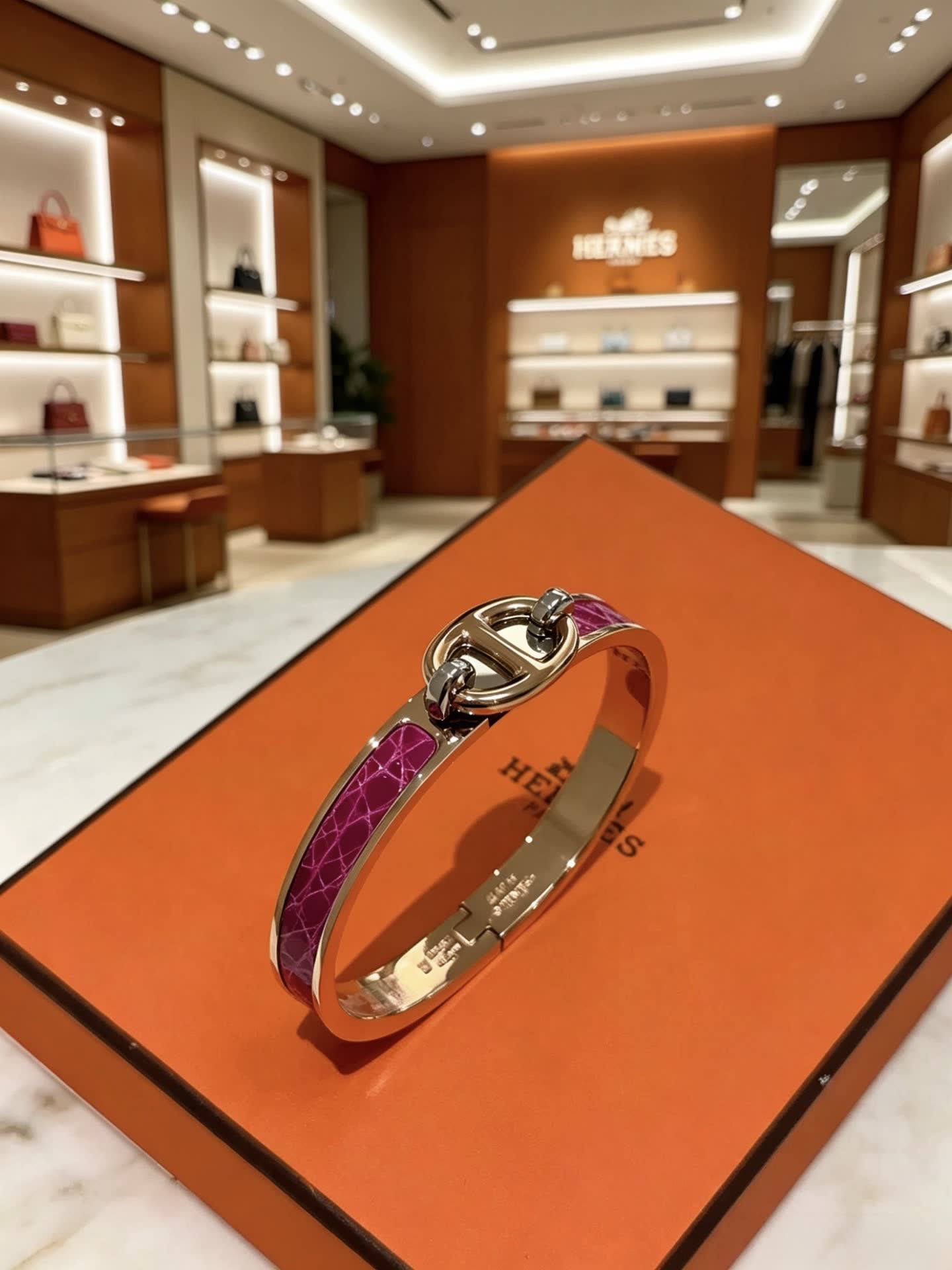 Hermes Hermès Paris Gold and Pink Enamel Bracelet