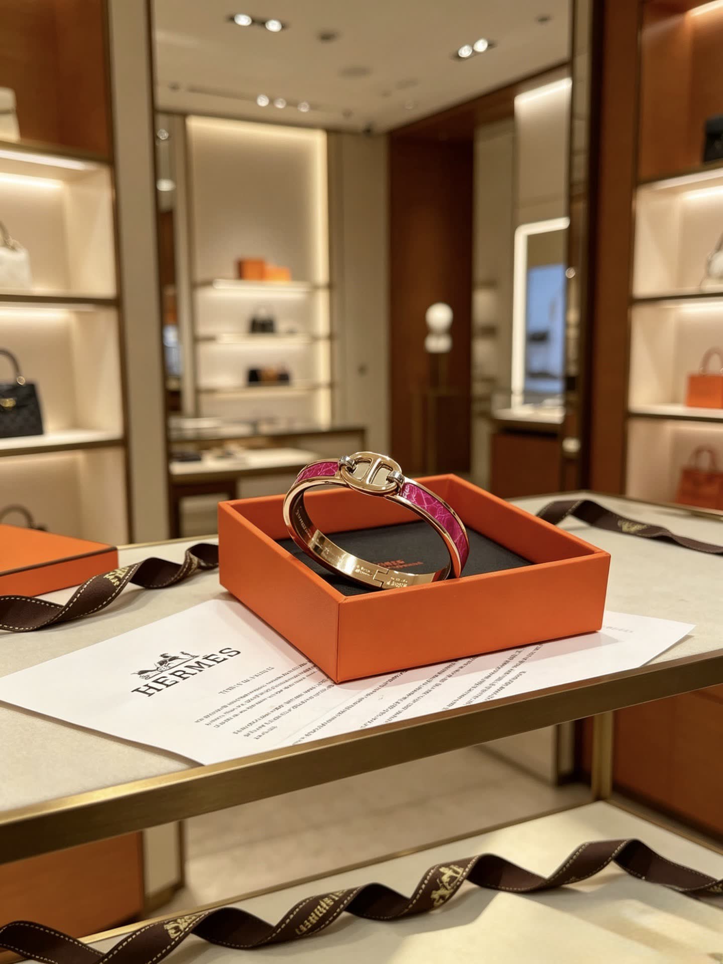 Hermes Hermès Paris Gold and Pink Enamel Bracelet