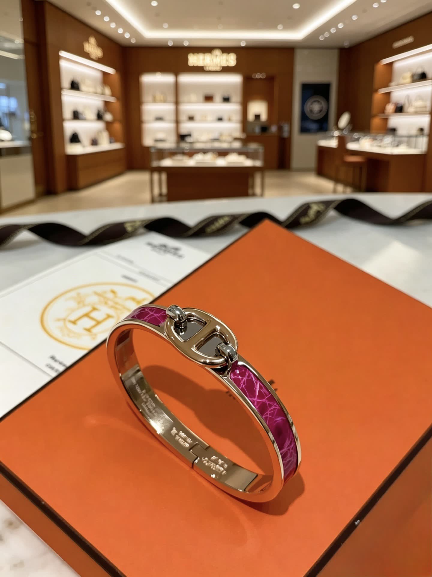 Hermes Hermès Paris Gold and Pink Enamel Bracelet