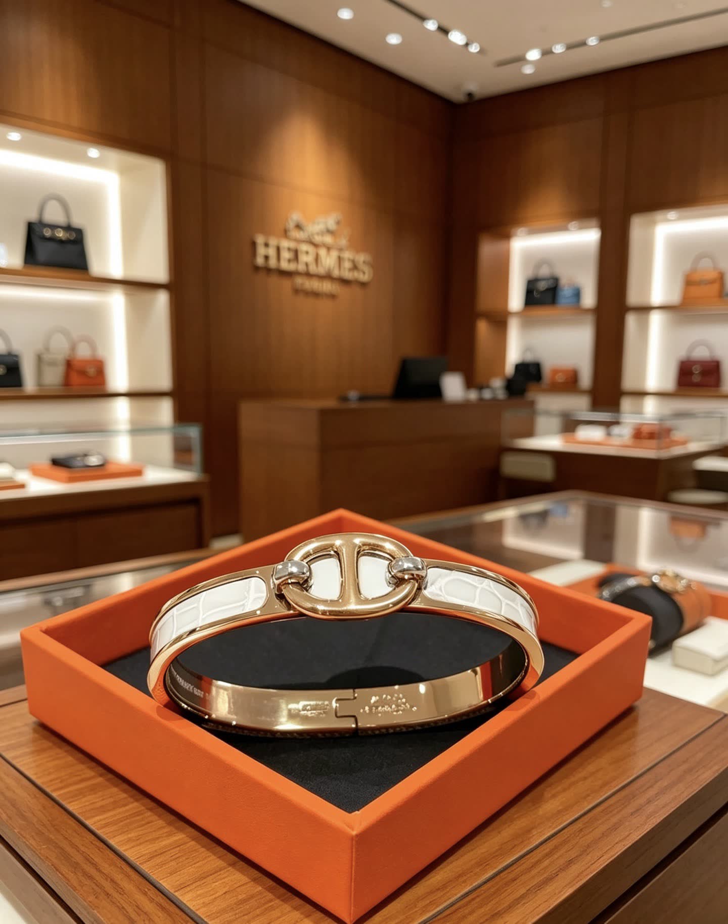 Hermes Hermès Gold and White Leather Bracelet