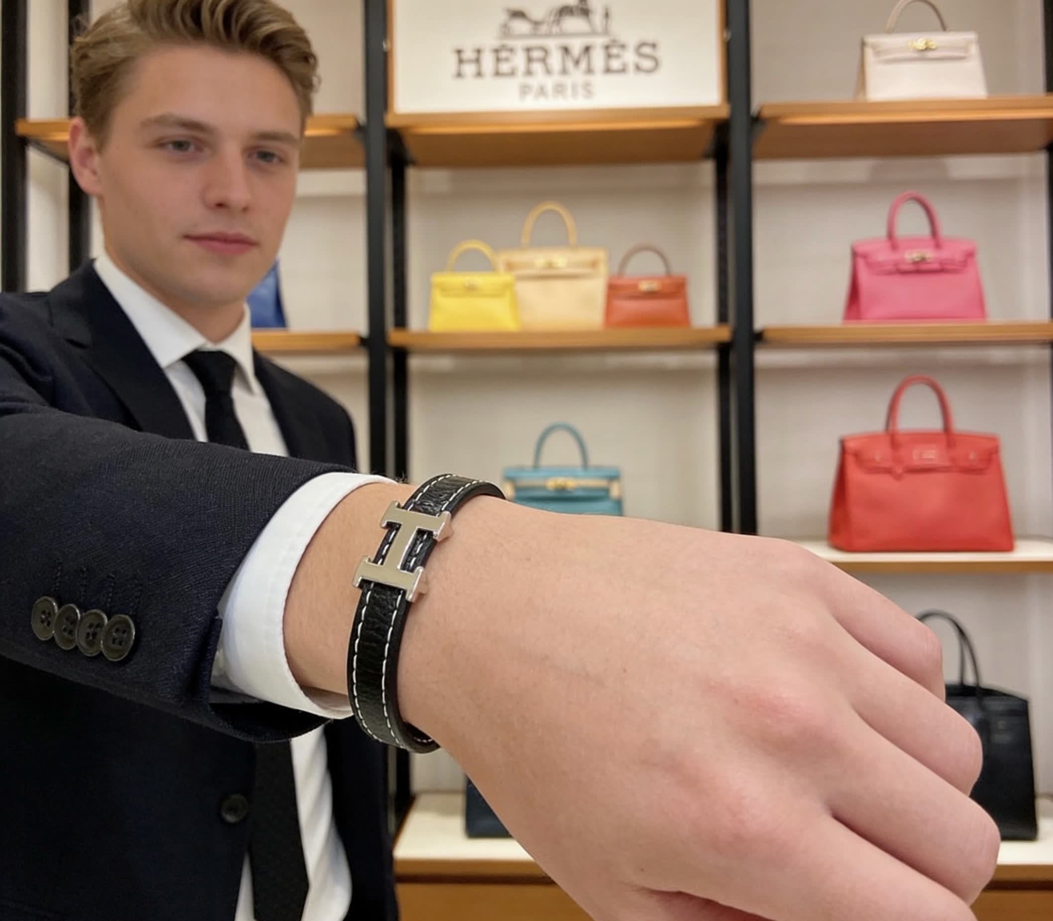 Hermes Hermès Black Leather Bracelet with Silver H Buckle