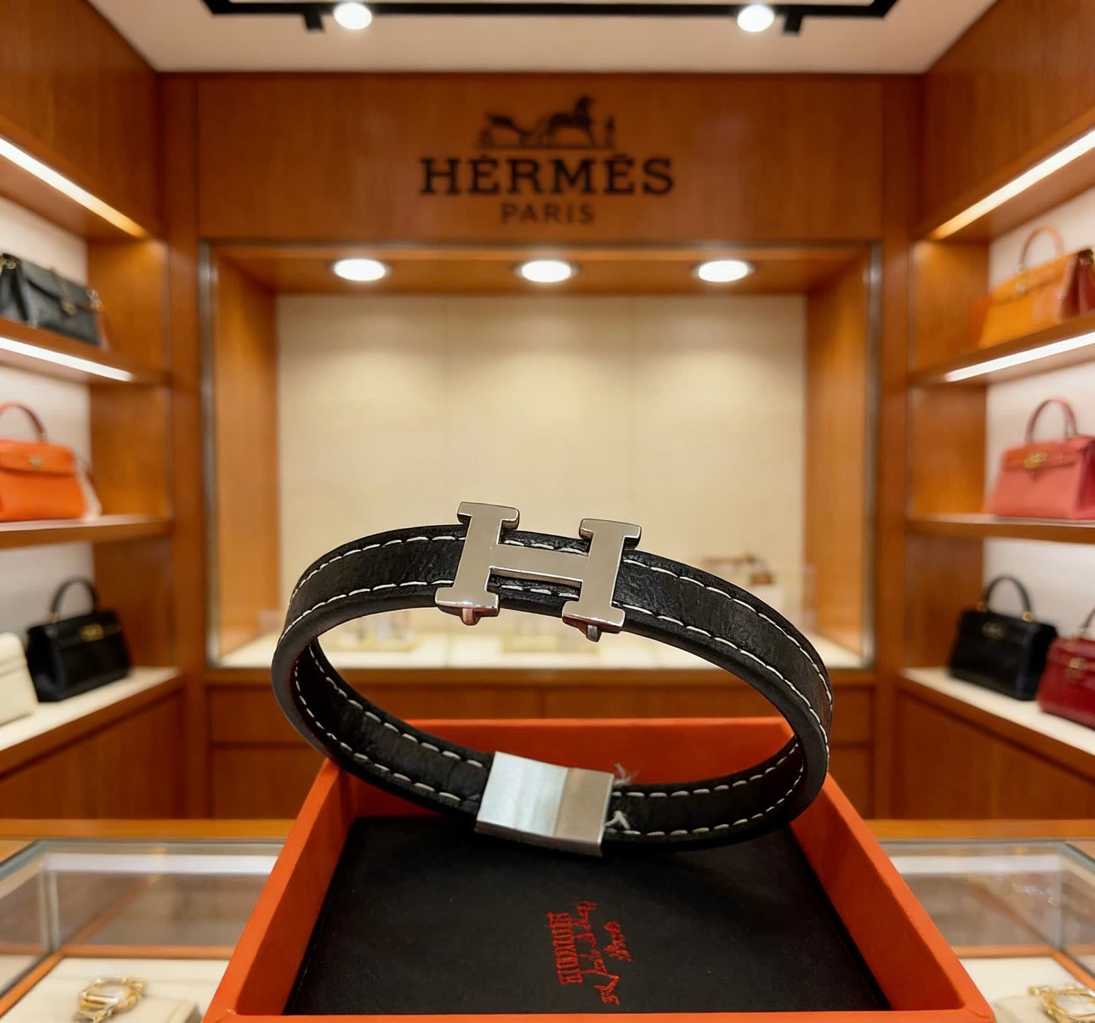 Hermes Hermès Black Leather Bracelet with Silver H Buckle