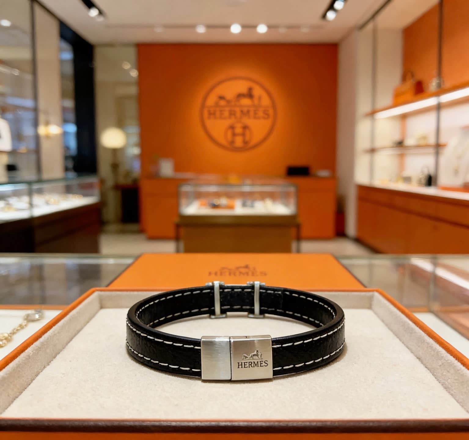 Hermes Hermès Black Leather Bracelet with Silver H Buckle