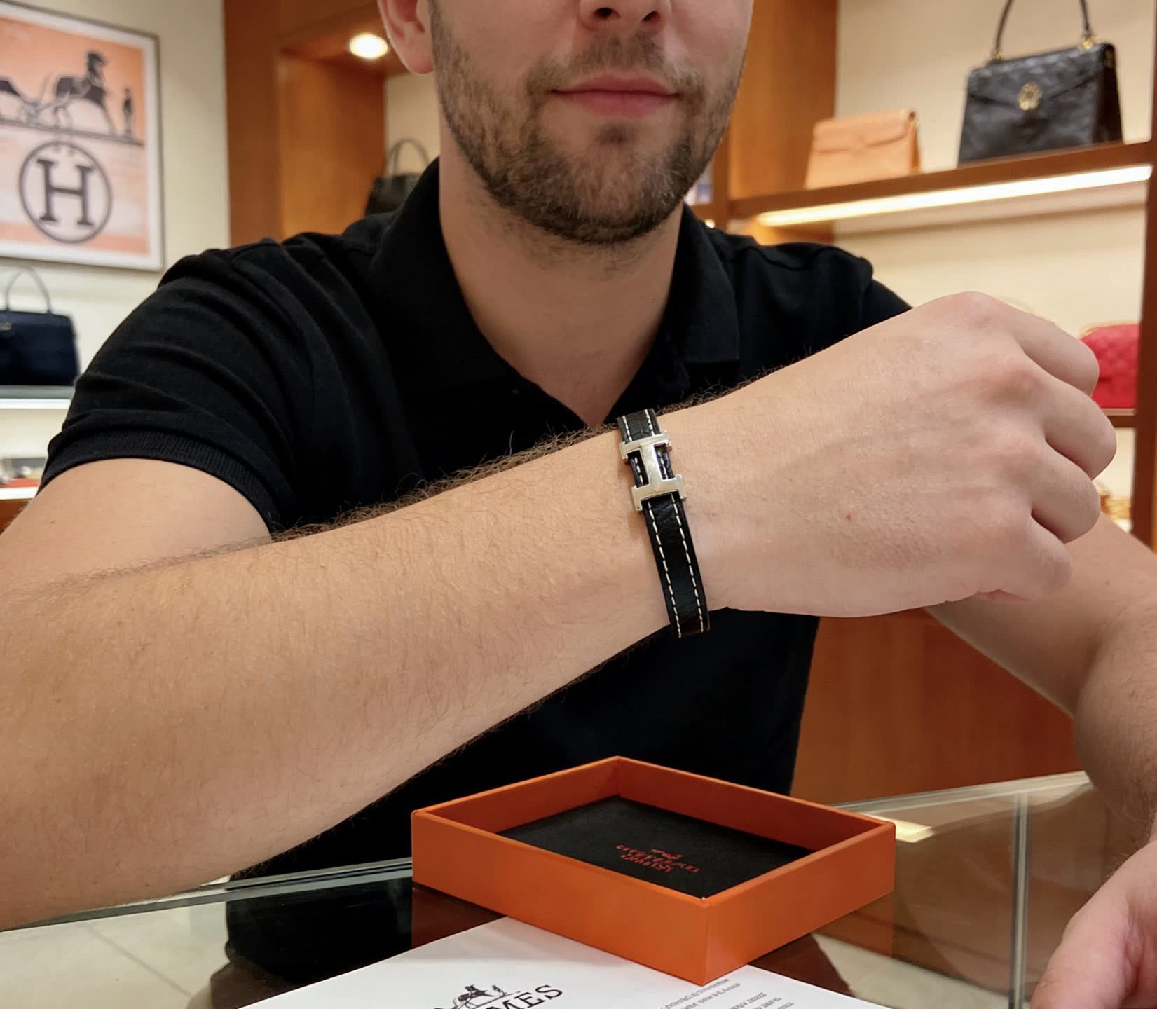 Hermes Hermès Black Leather Bracelet with Silver H Buckle
