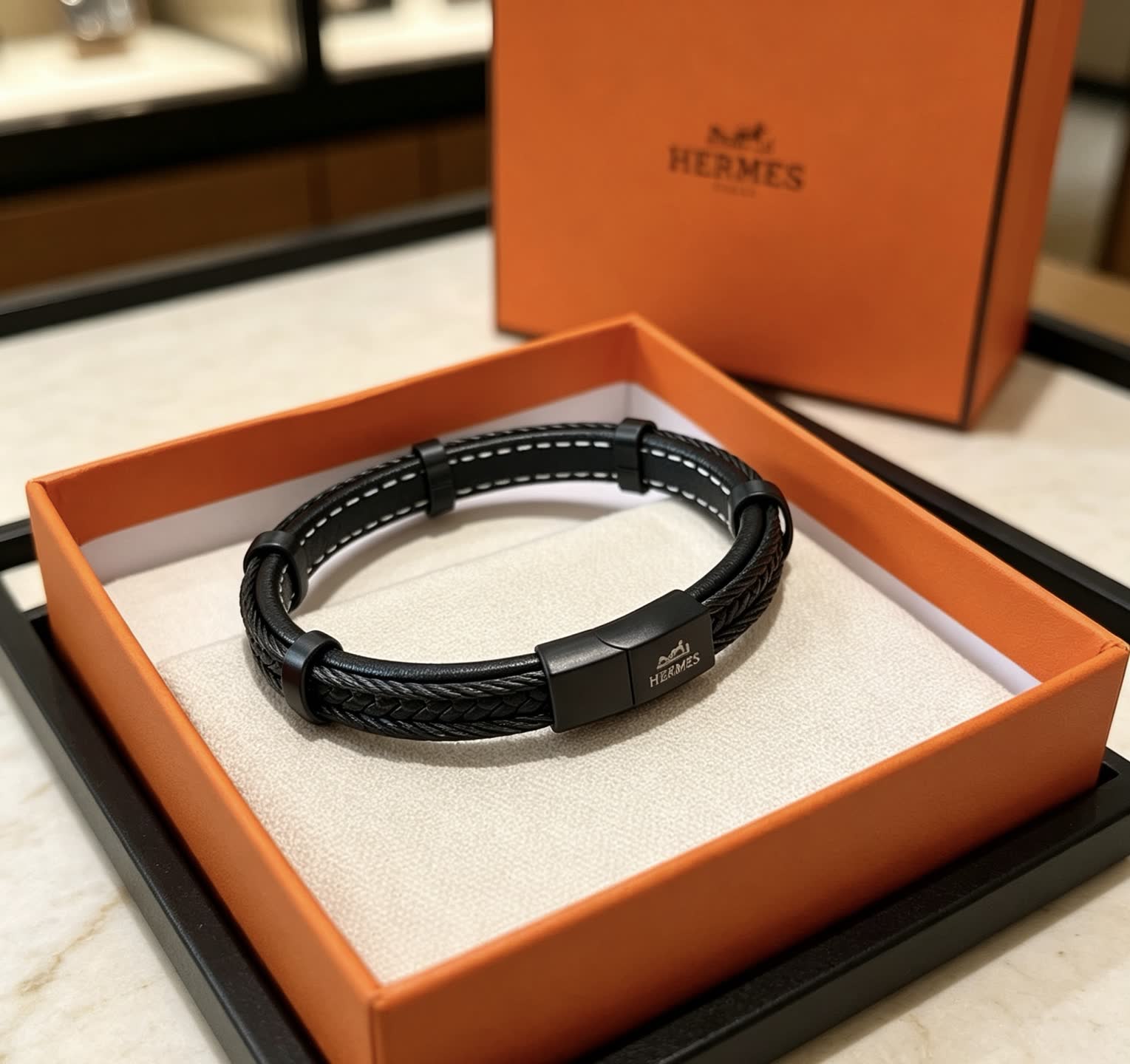 Hermes Hermès Black Leather Bracelet