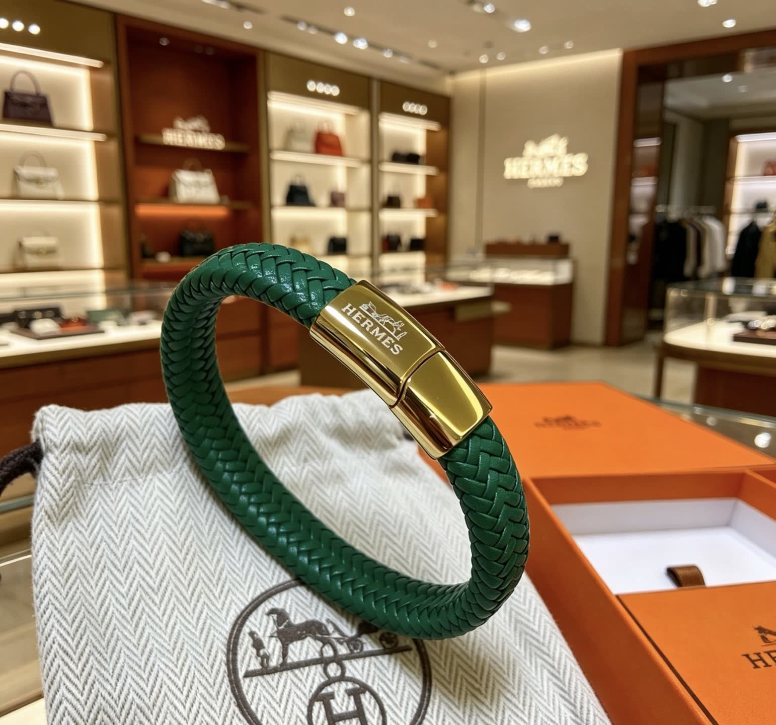Hermes Hermès Green Leather Bracelet