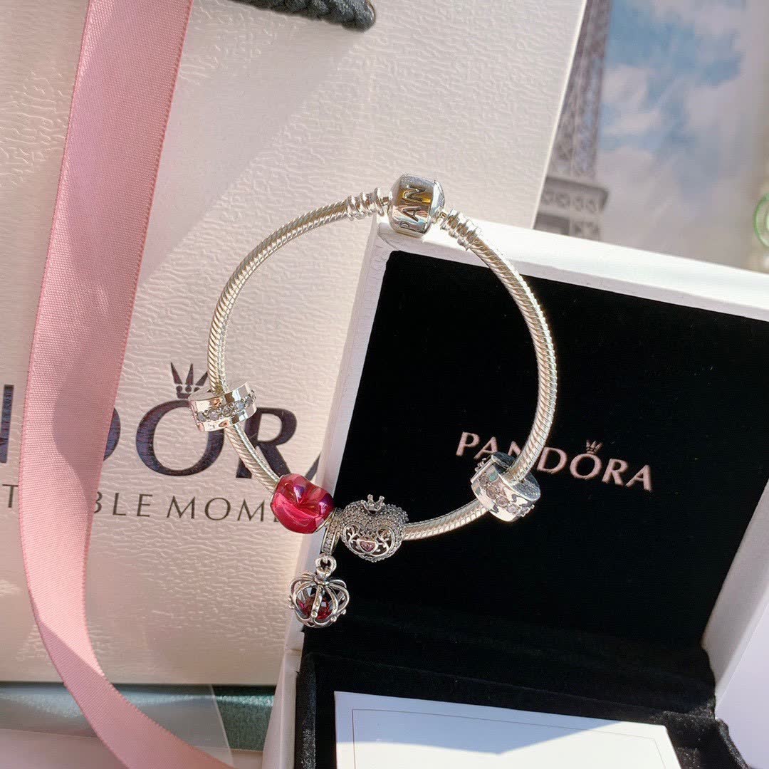 Pandora Sterling Silver Bracelet with Red Enamel and Clear Crystal Charms