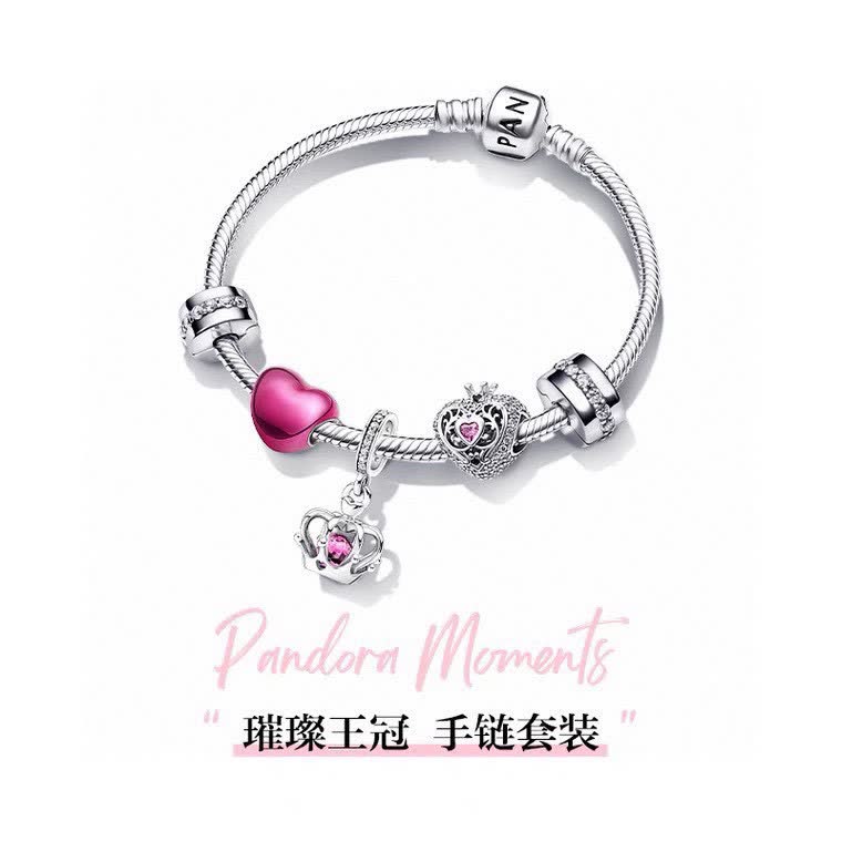 Pandora Sterling Silver Bracelet with Red Enamel and Clear Crystal Charms