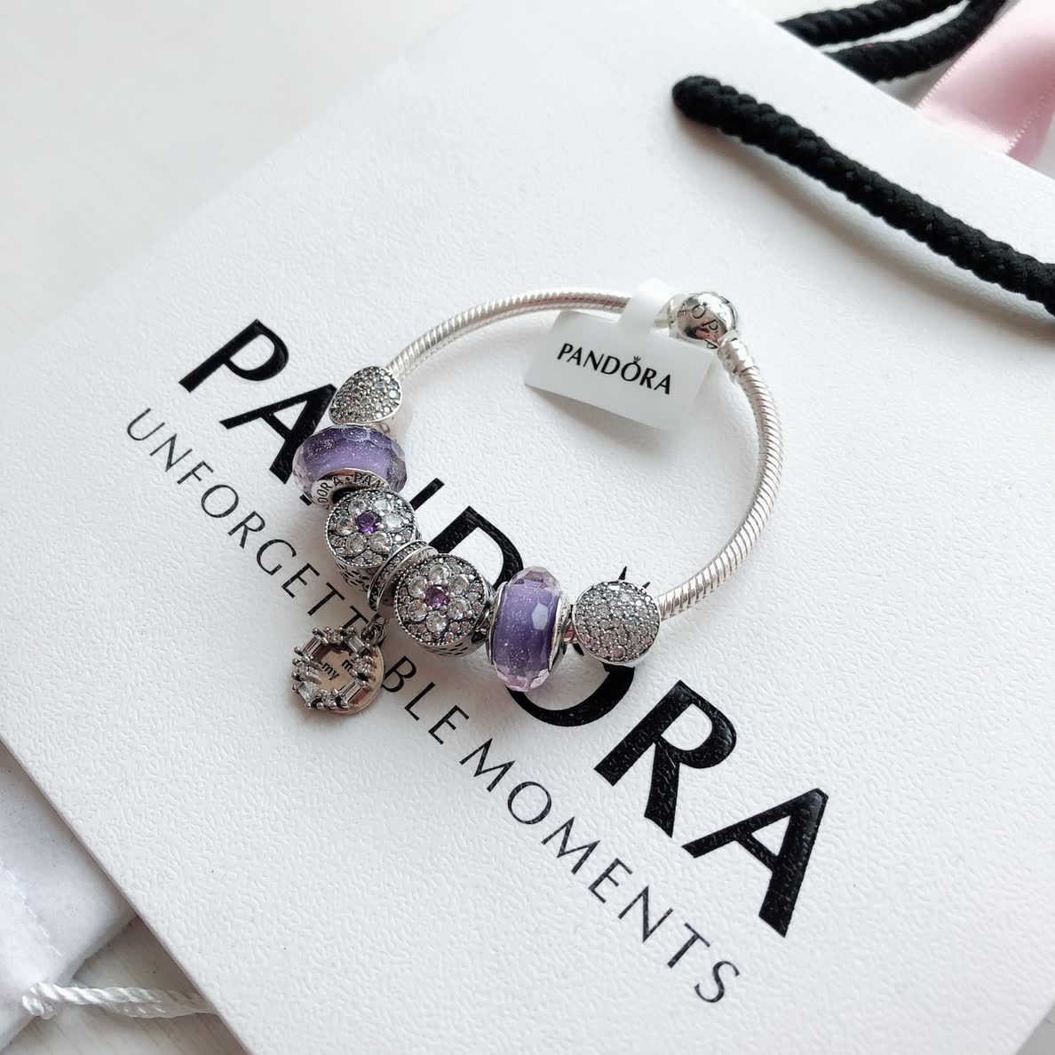 Pandora Sterling Silver Bracelet with Purple and Clear Beads