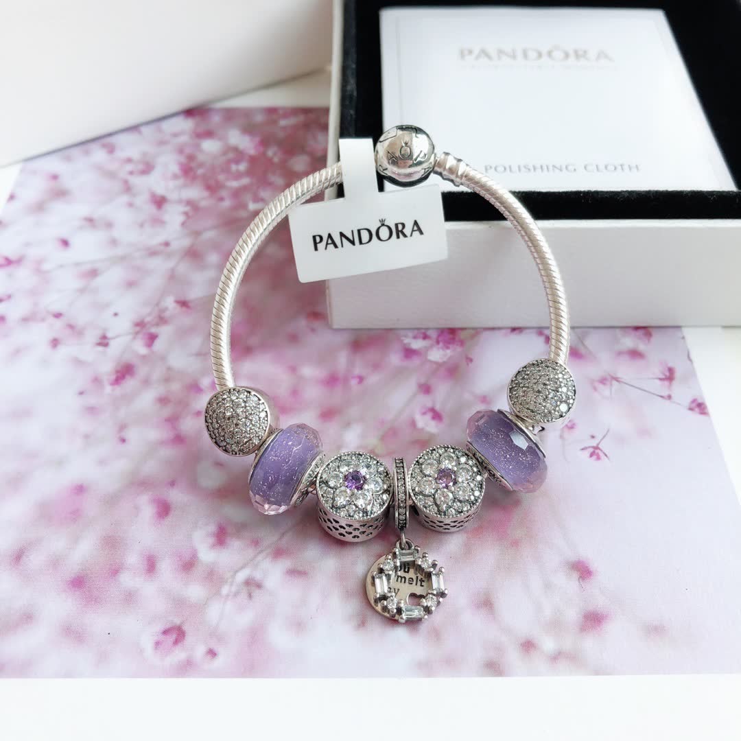 Pandora Sterling Silver Bracelet with Purple and Clear Beads