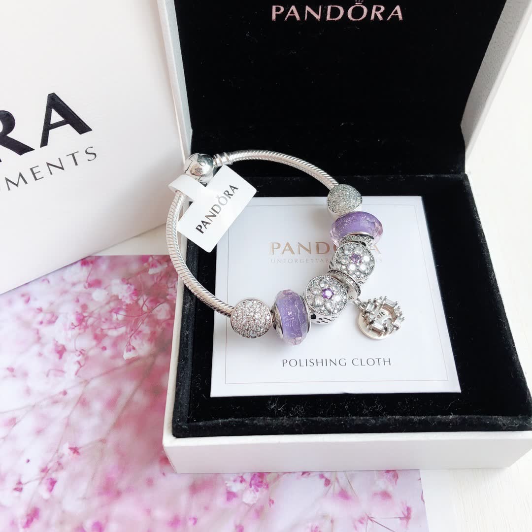 Pandora Sterling Silver Bracelet with Purple and Clear Beads