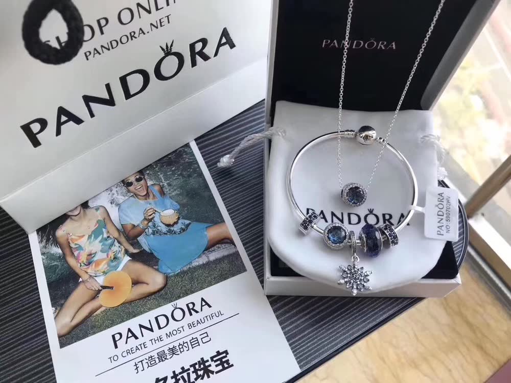 Pandora Silver Bracelet with Blue Stones and Snowflake Charm