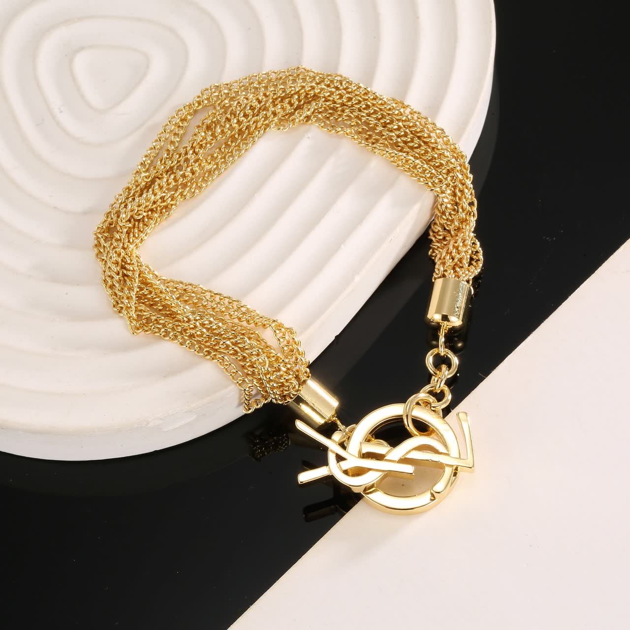 YSL Yves Saint Laurent Gold Tone Multi-Chain Bracelet