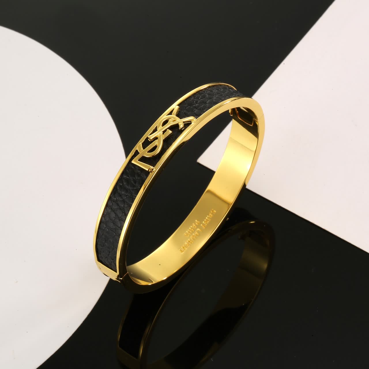 Saint Laurent YSL Leather & Gold Bangle Bracelet