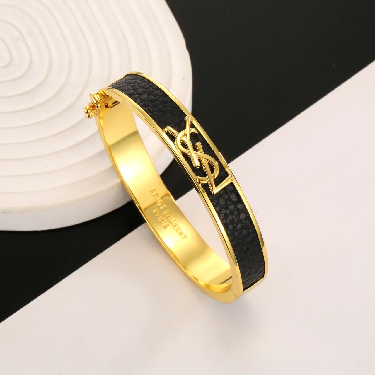 Saint Laurent YSL Leather & Gold Bangle Bracelet