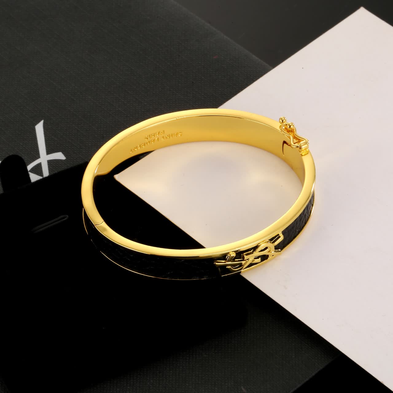 Saint Laurent YSL Leather & Gold Bangle Bracelet