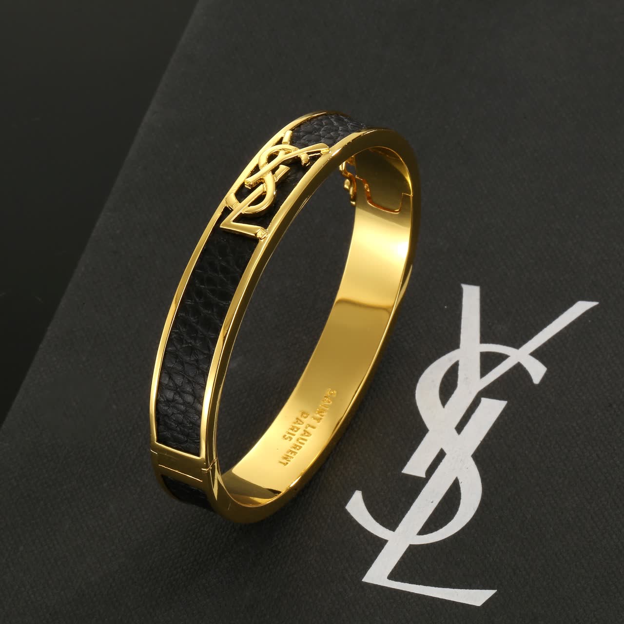 Saint Laurent YSL Leather & Gold Bangle Bracelet