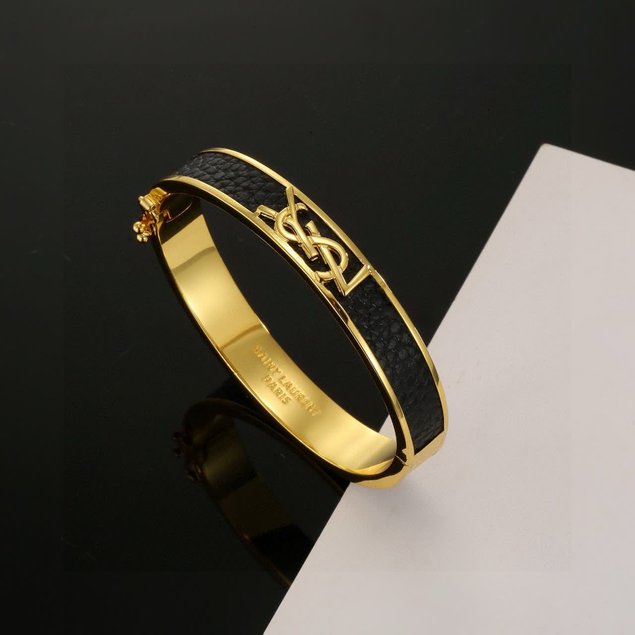 YSL Saint Laurent Paris Leather & Gold Bracelet