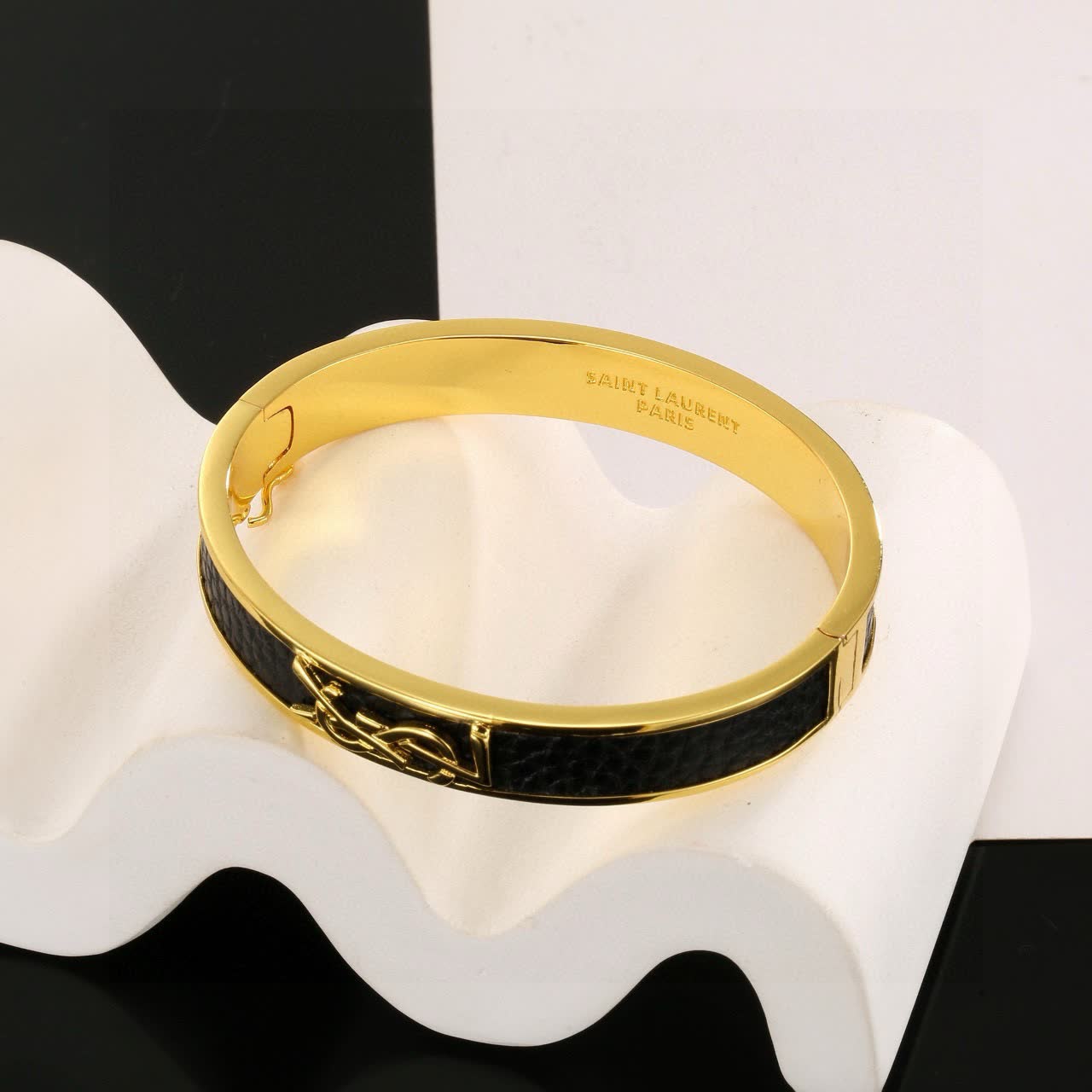 YSL Saint Laurent Paris Leather & Gold Bracelet