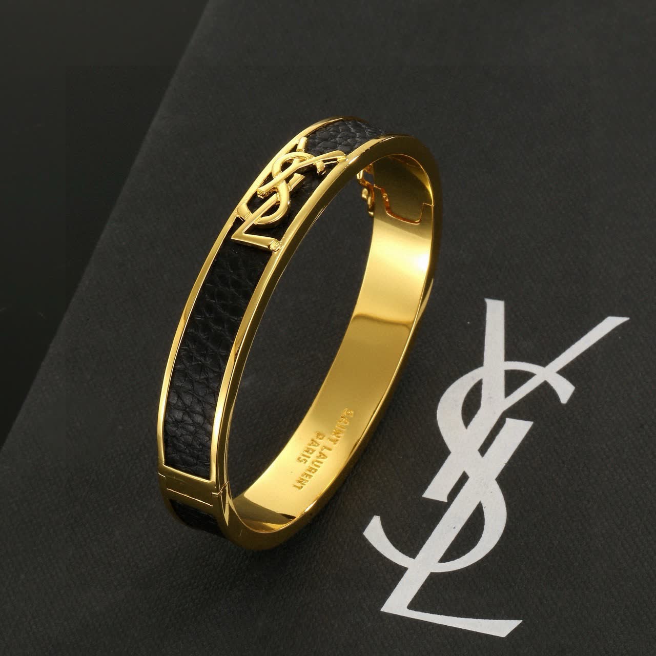 YSL Saint Laurent Paris Leather & Gold Bracelet