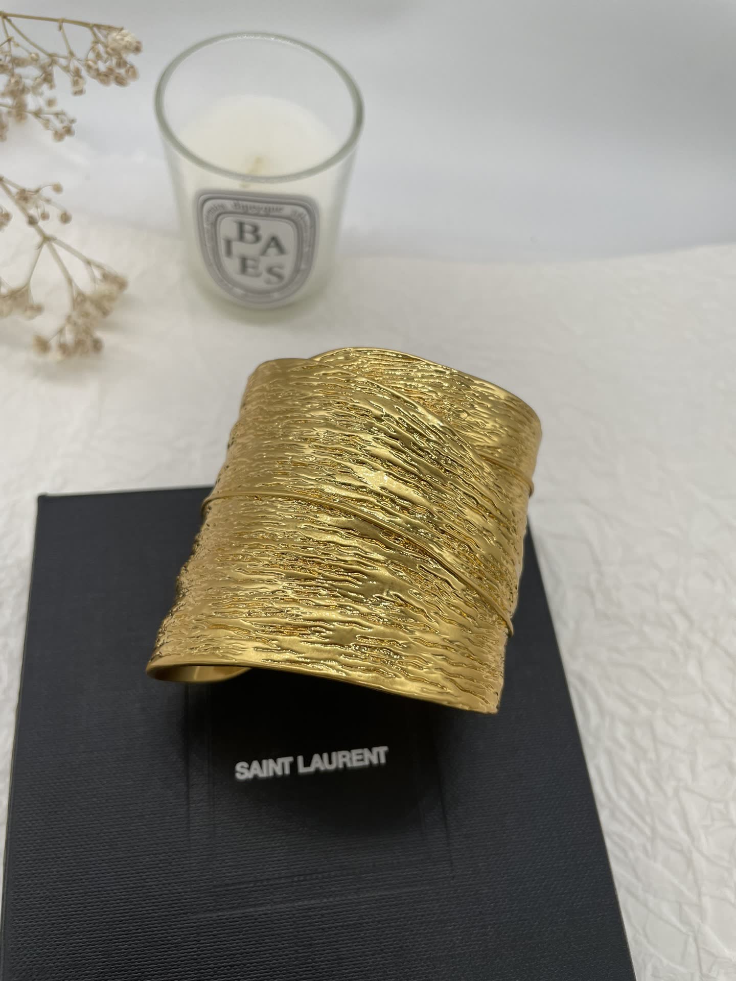 YSL Saint Laurent Textured Gold Cuff Bracelet