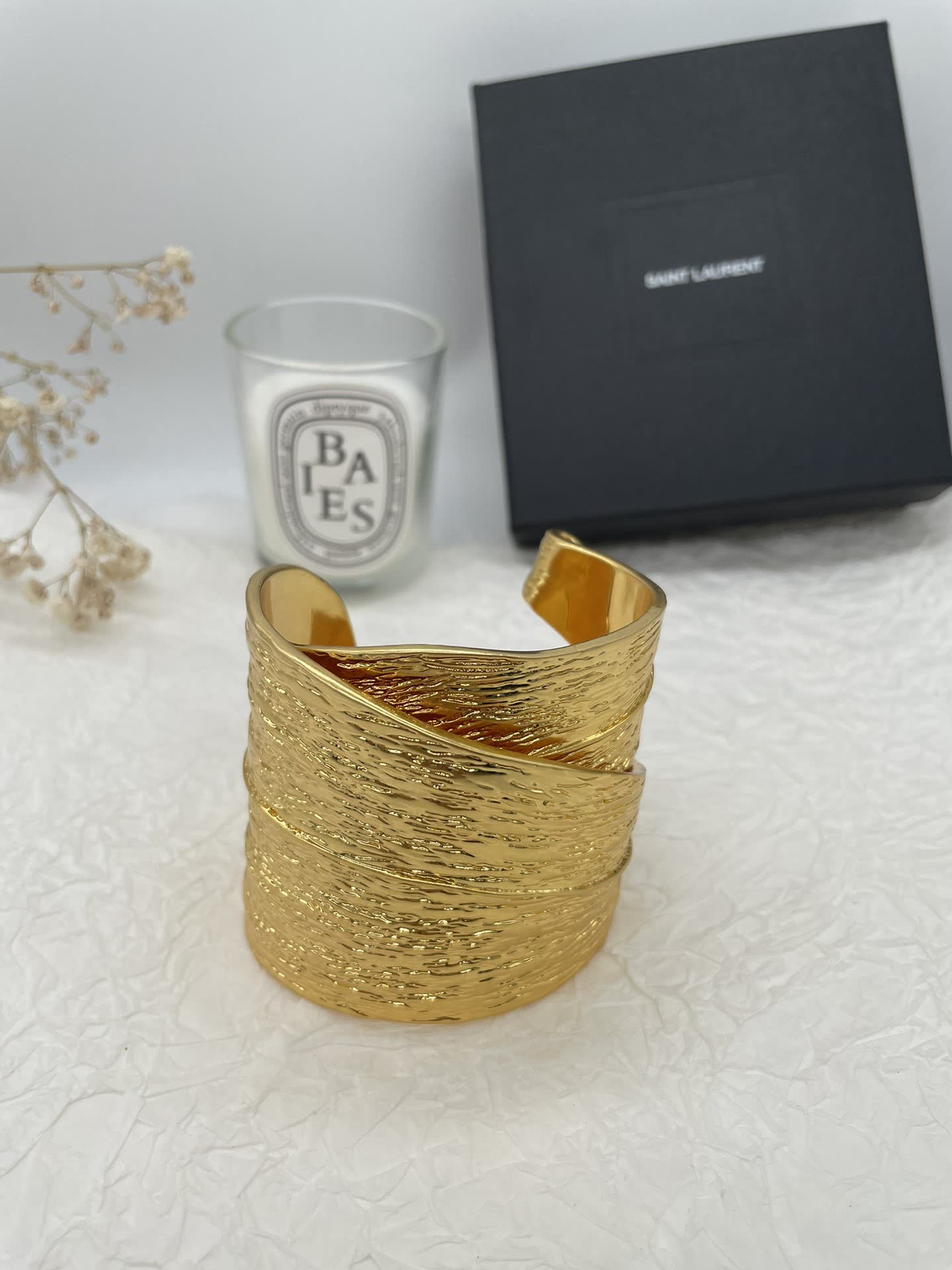 YSL Saint Laurent Textured Gold Cuff Bracelet