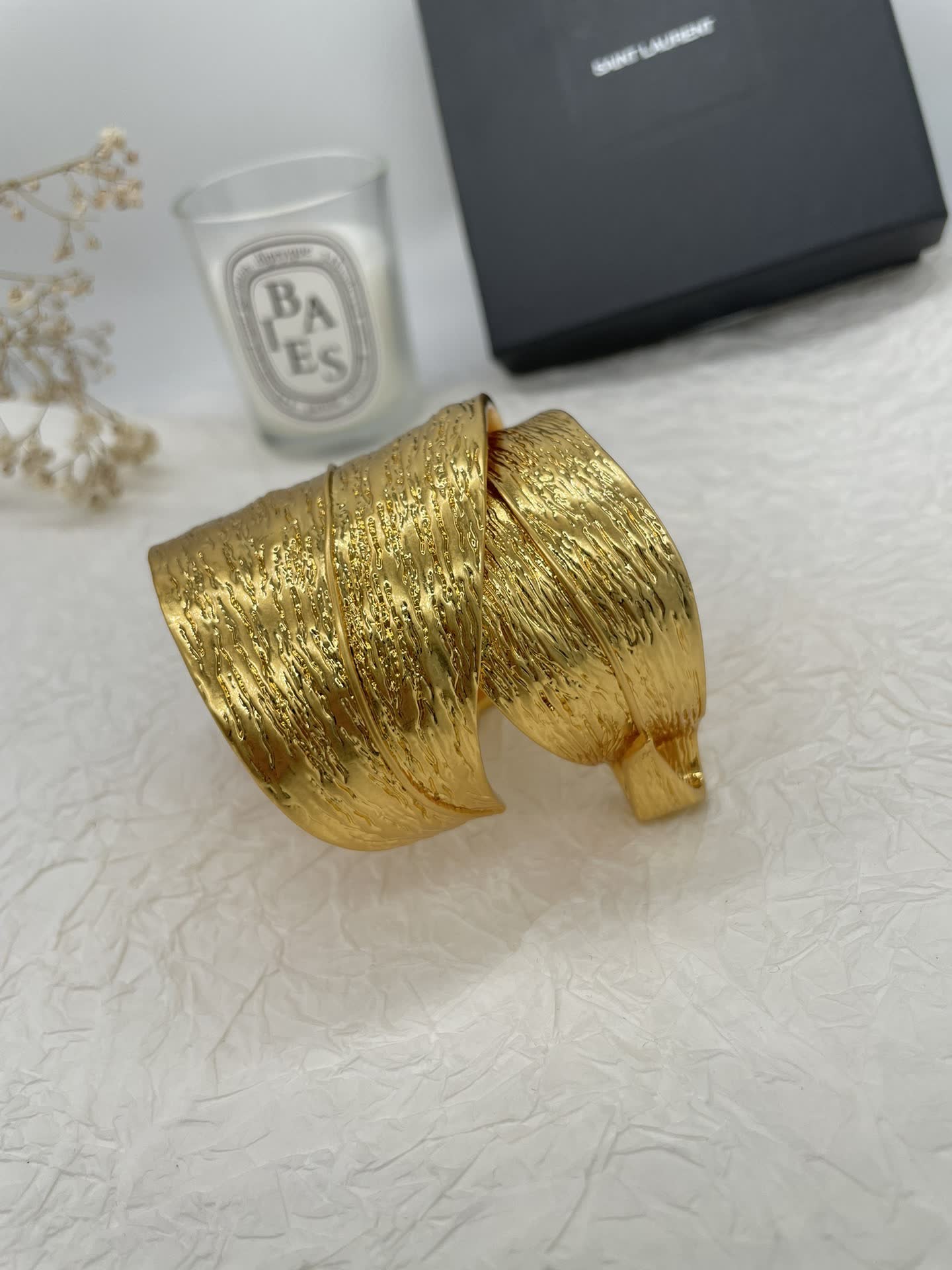 YSL Saint Laurent Textured Gold Cuff Bracelet