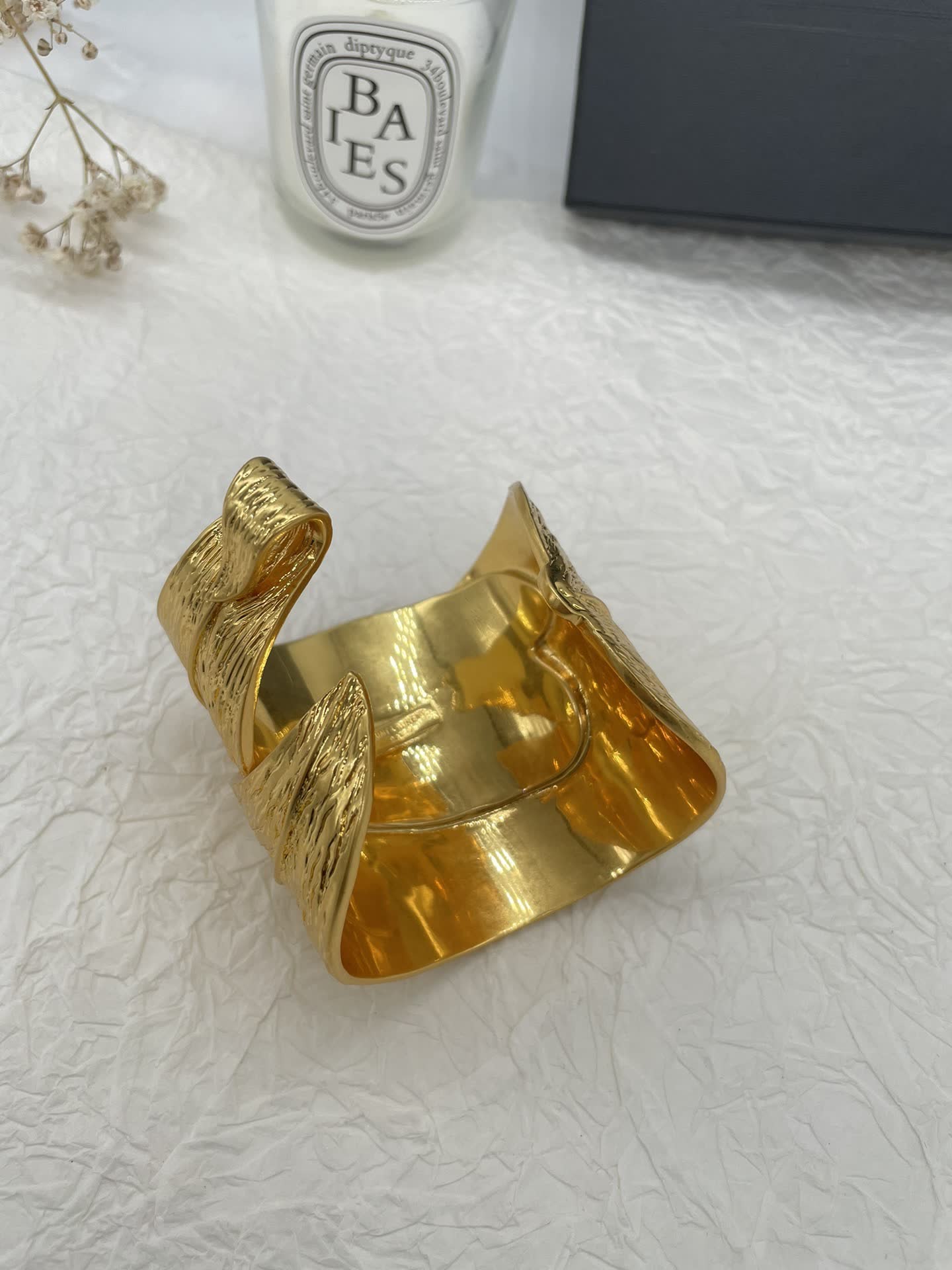 YSL Saint Laurent Textured Gold Cuff Bracelet