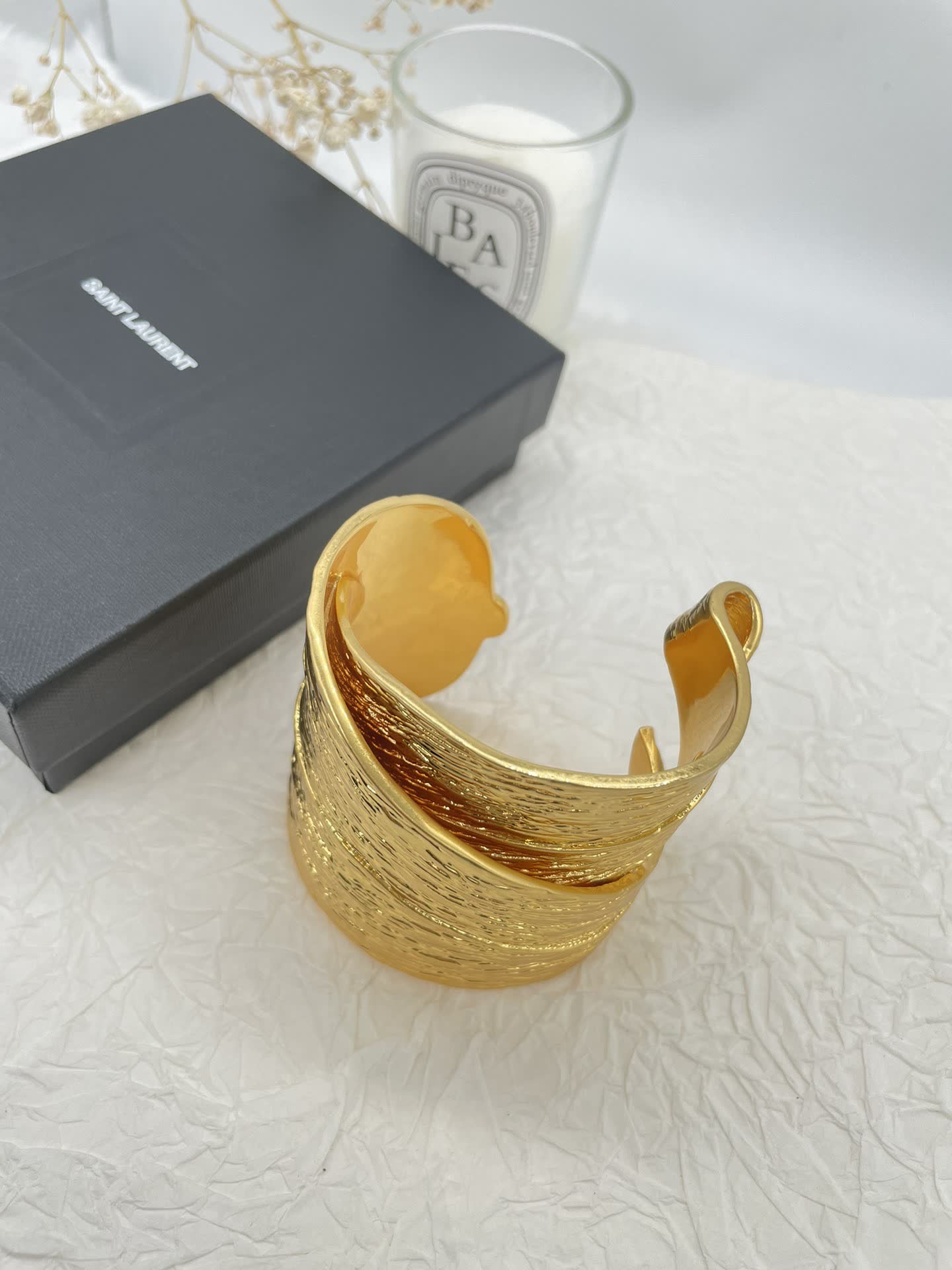 YSL Saint Laurent Textured Gold Cuff Bracelet