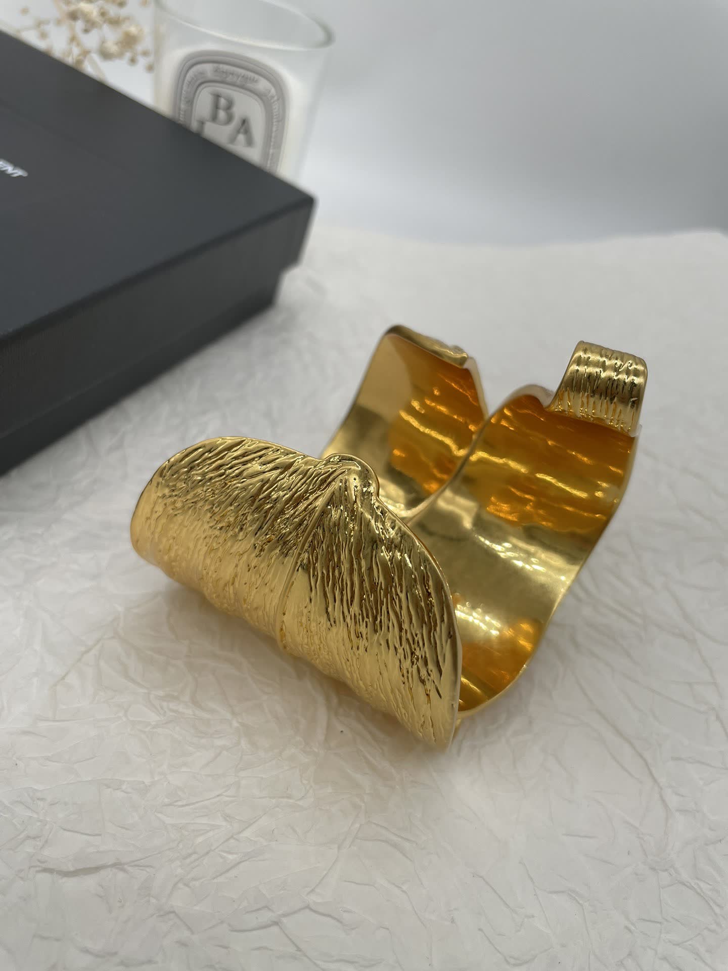 YSL Saint Laurent Textured Gold Cuff Bracelet