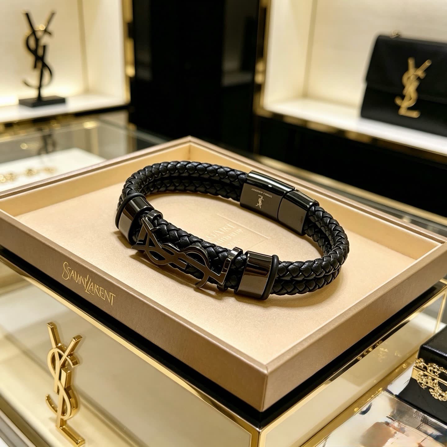 YSL Saint Laurent Black Leather Bracelet