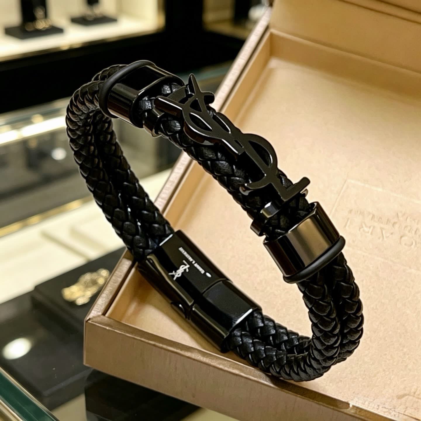 YSL Saint Laurent Black Leather Bracelet