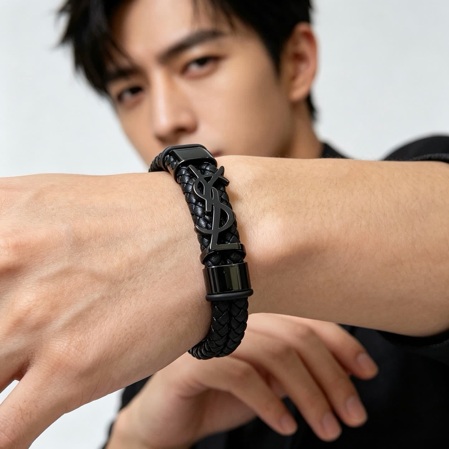YSL Saint Laurent Black Leather Bracelet
