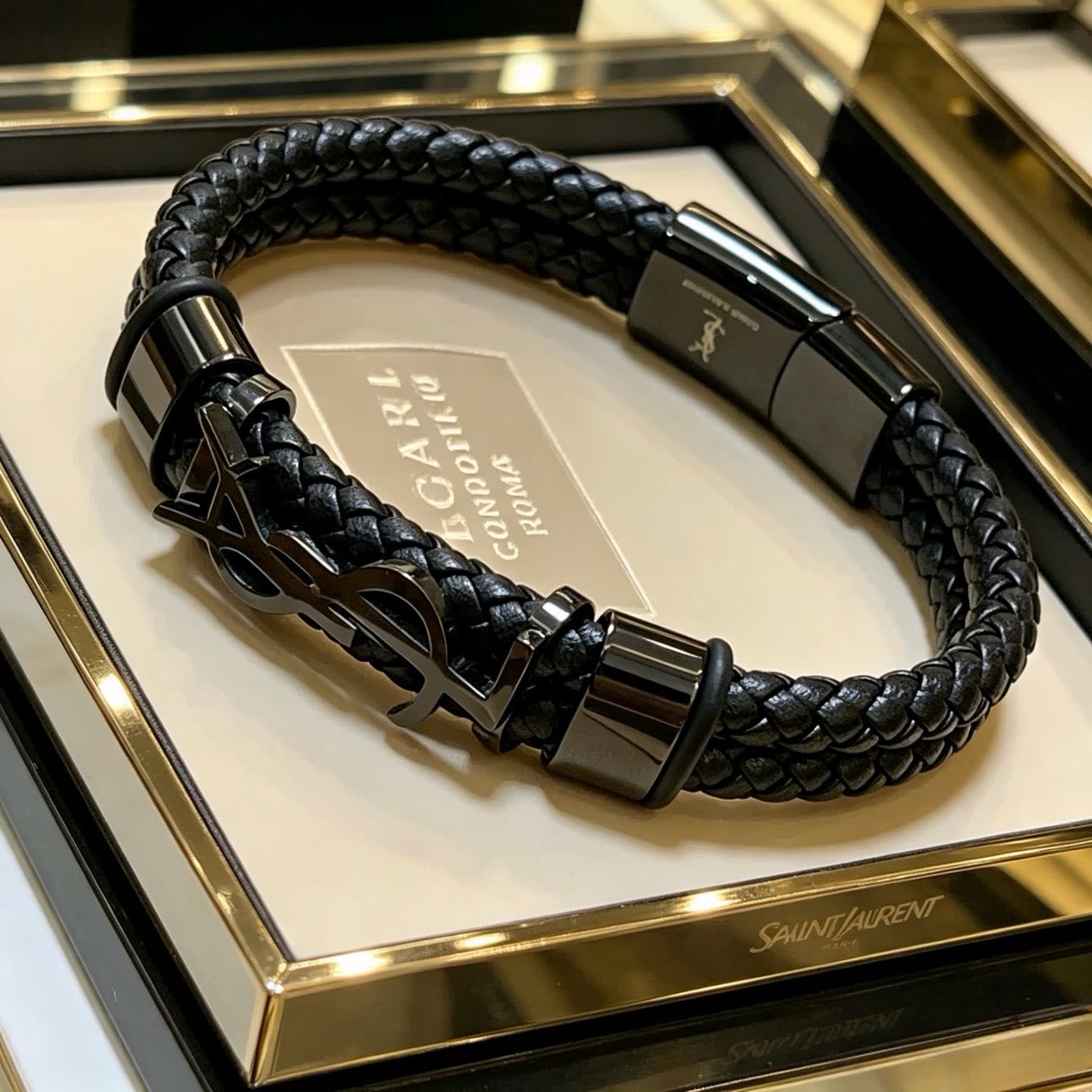 YSL Saint Laurent Black Leather Bracelet
