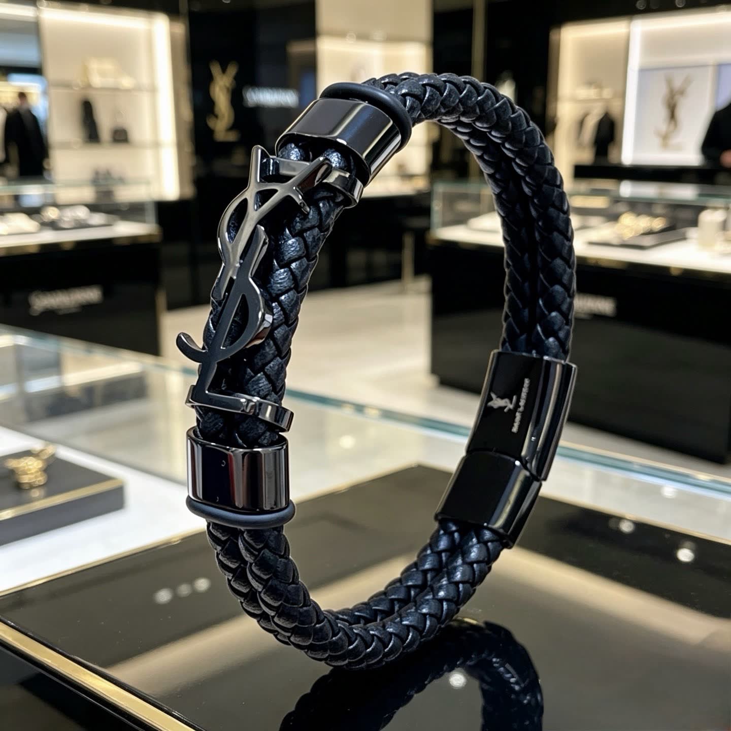 YSL Saint Laurent Black Leather Bracelet