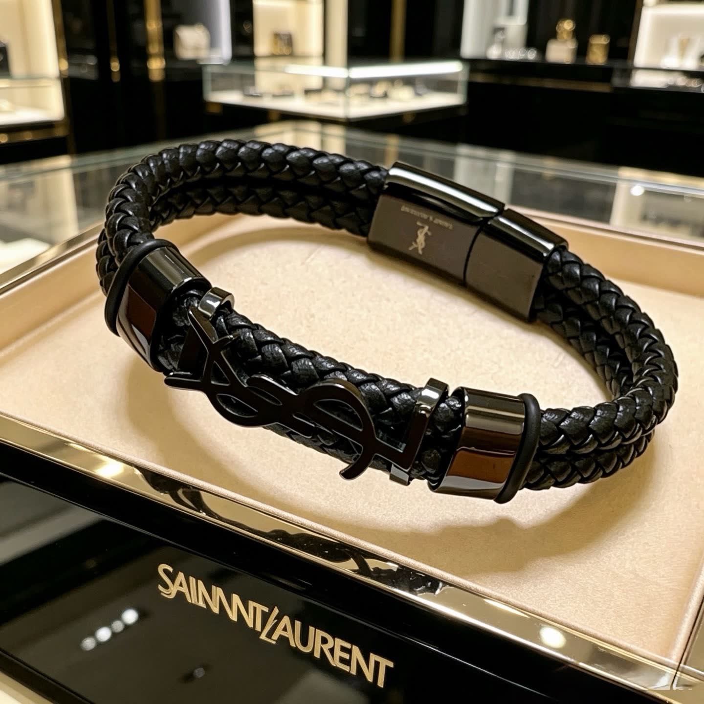 YSL Saint Laurent Black Leather Bracelet