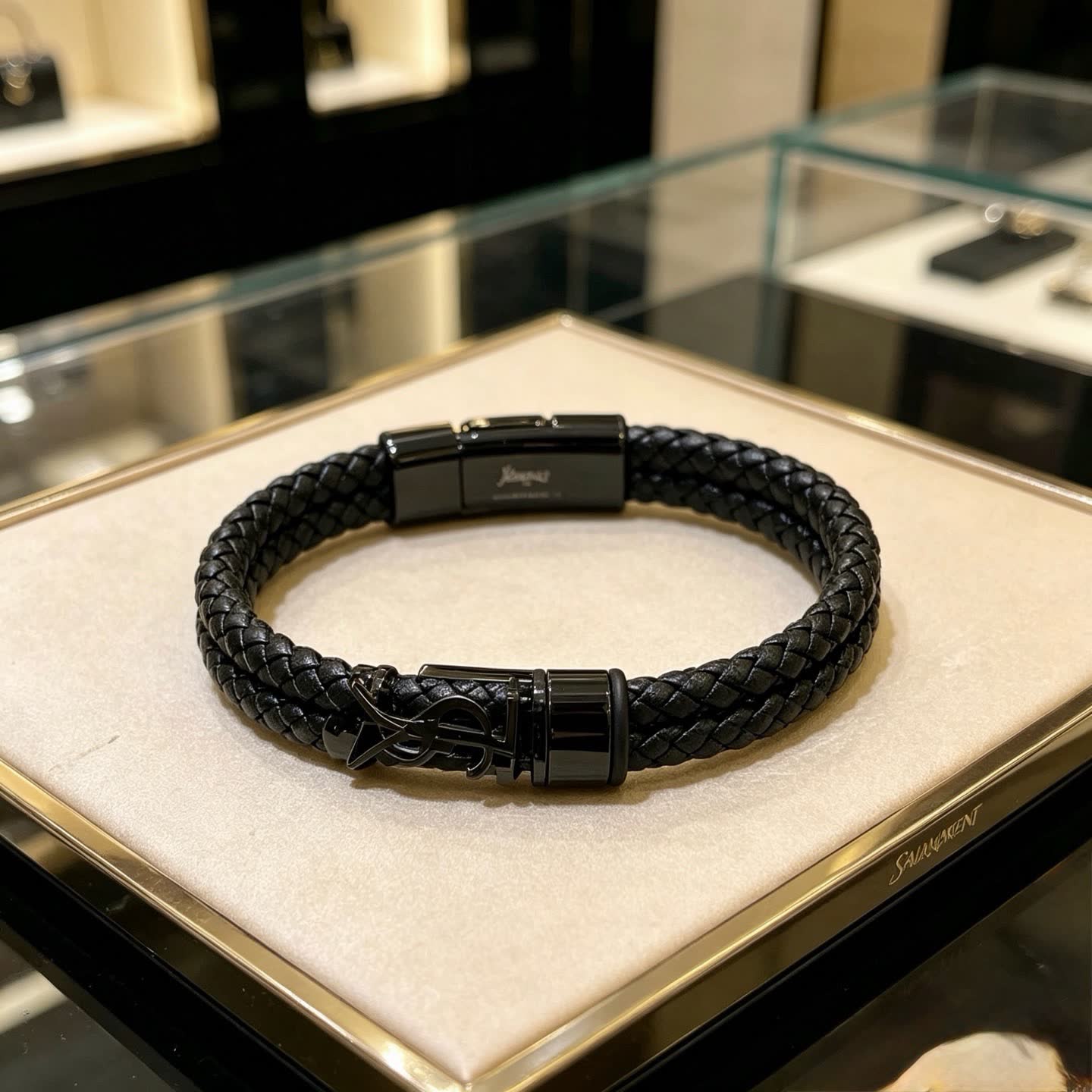 YSL Saint Laurent Black Leather Bracelet