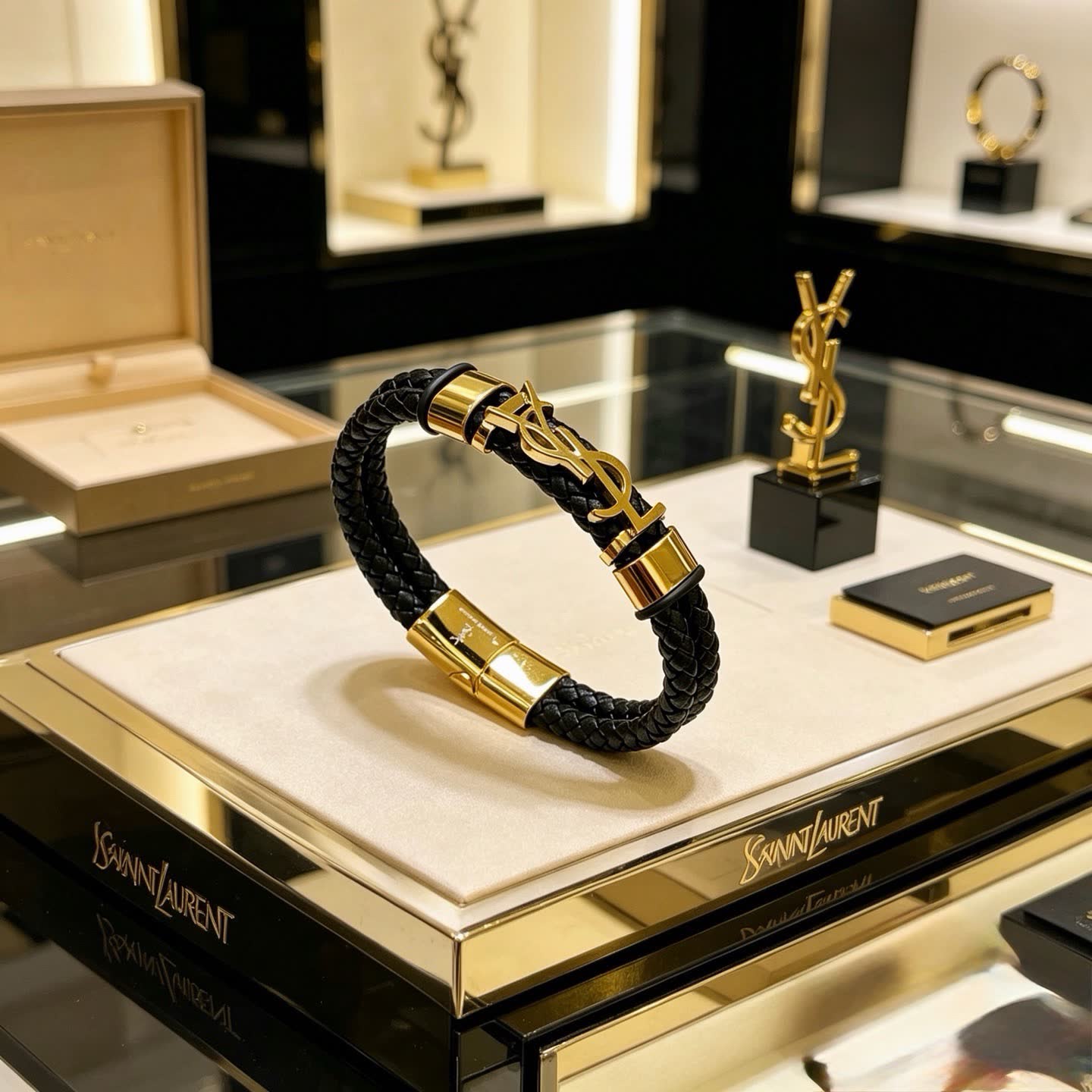 YSL Saint Laurent Black Leather & Gold Bracelet
