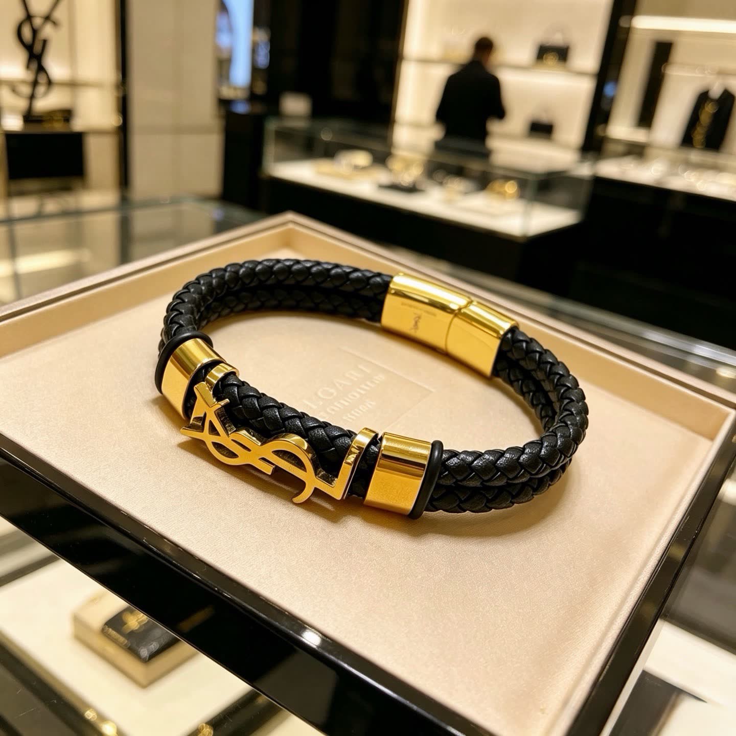 YSL Saint Laurent Black Leather & Gold Bracelet