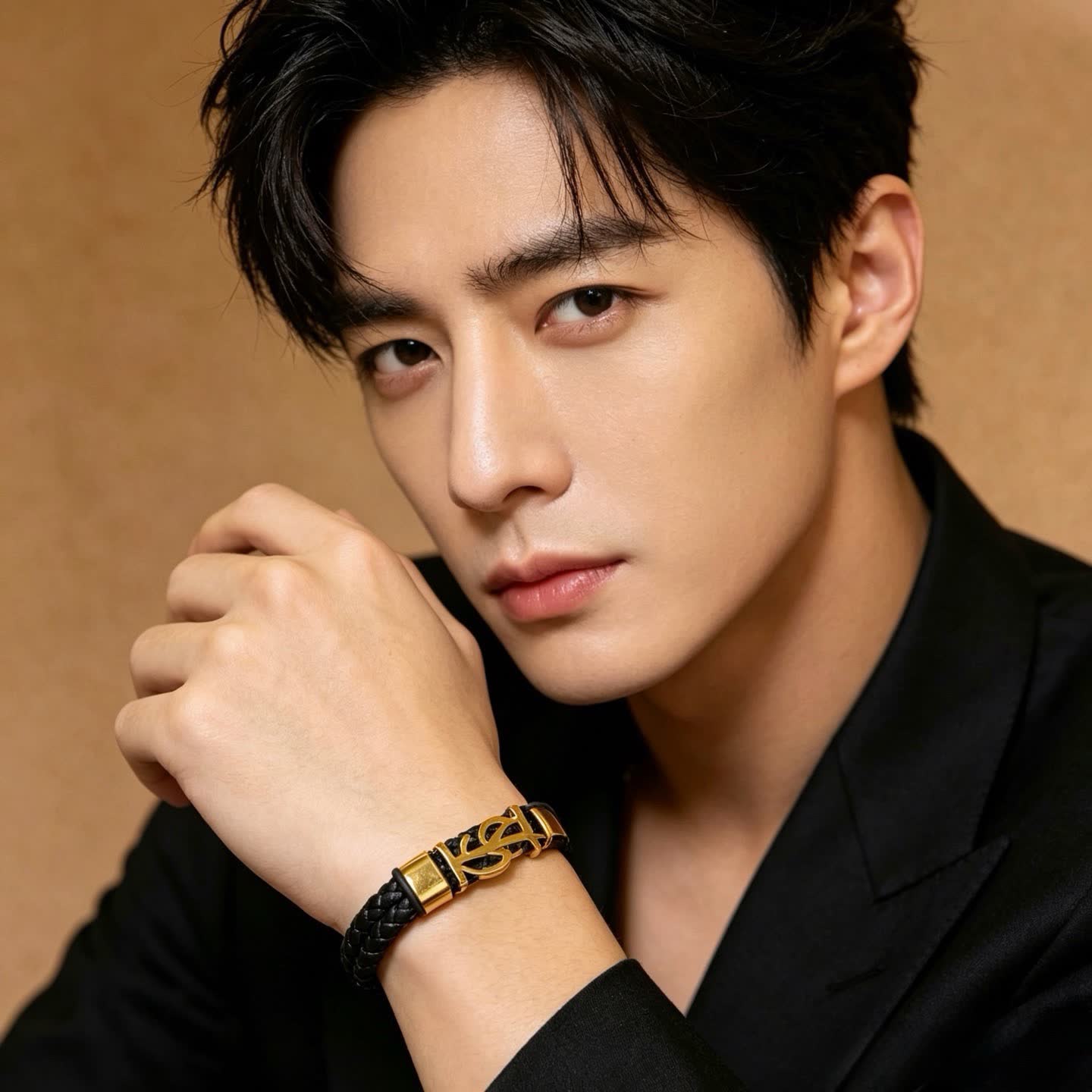 YSL Saint Laurent Black Leather & Gold Bracelet